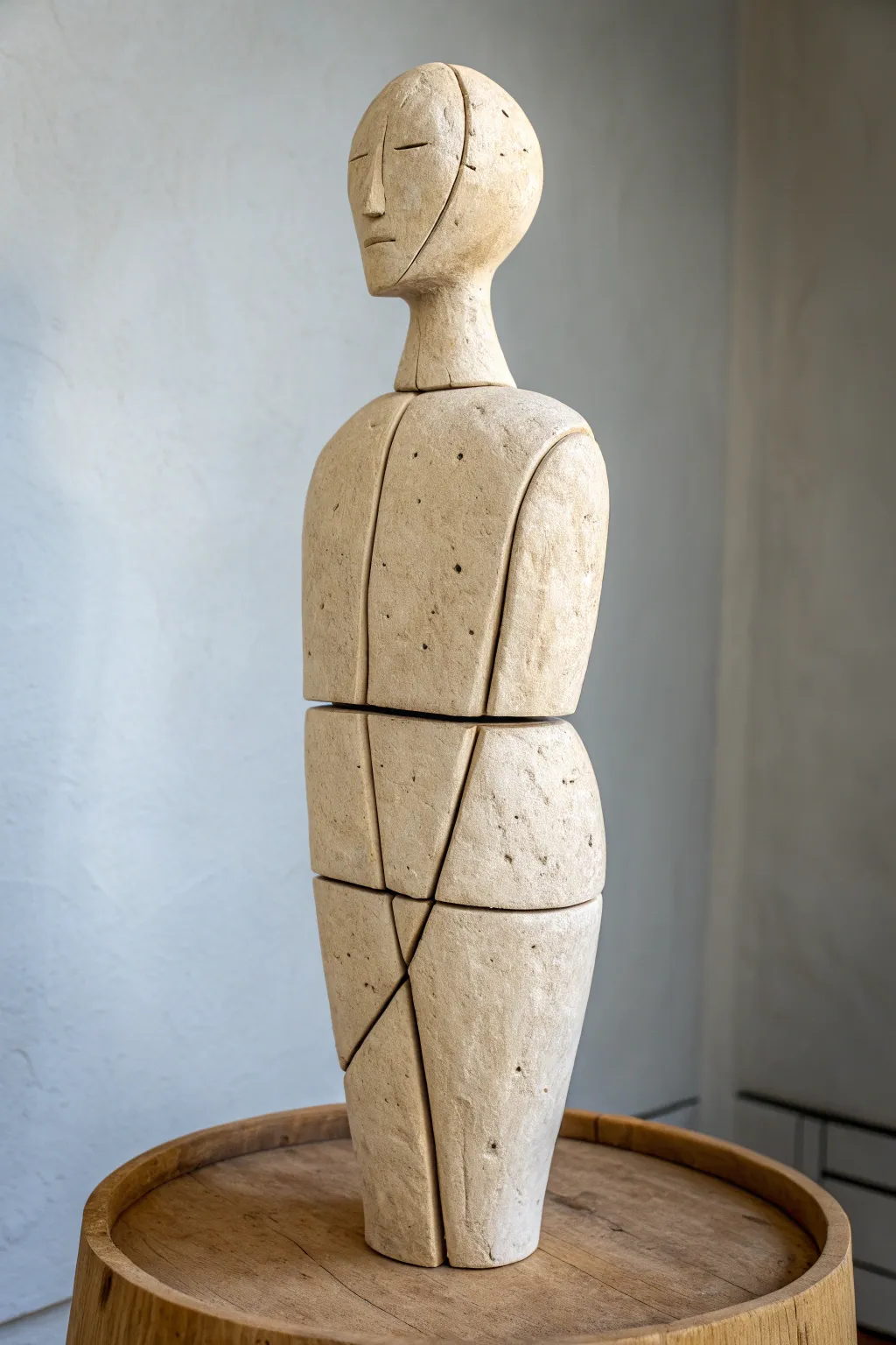 Fragmented human clay figure with floating segments, minimalist boho sculpture inspiration.