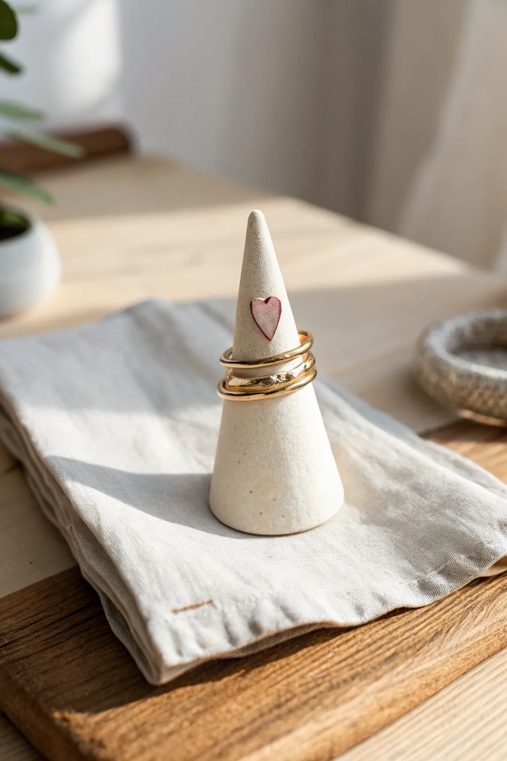 Easy heart-topped clay ring cone holder with stacked rings in soft minimalist Scandi style