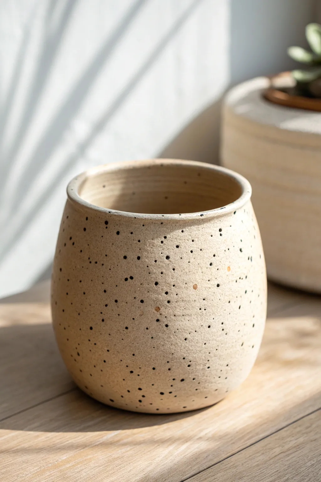 Neutral speckled clay pot for an easy faux stoneware look, minimal and beautifully handmade
