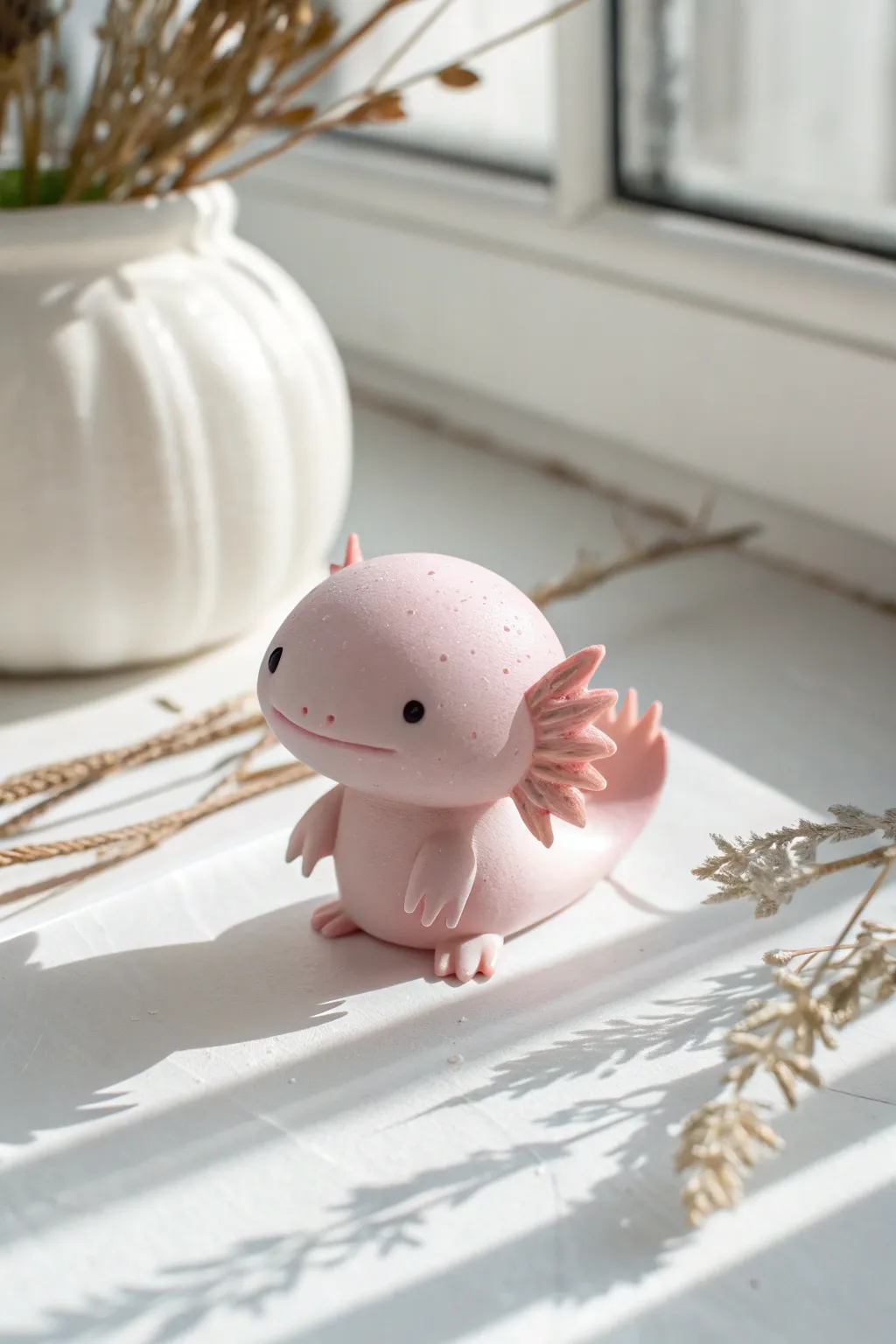 Tiny pastel pink clay axolotl with sweet frills, minimalist and beginner friendly on clean white.