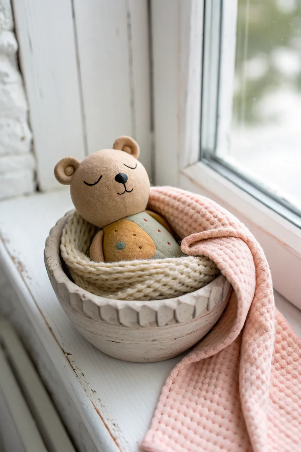 Mini Bear in Bed diorama in soft pastels, cozy lighting, and minimalist Scandinavian charm