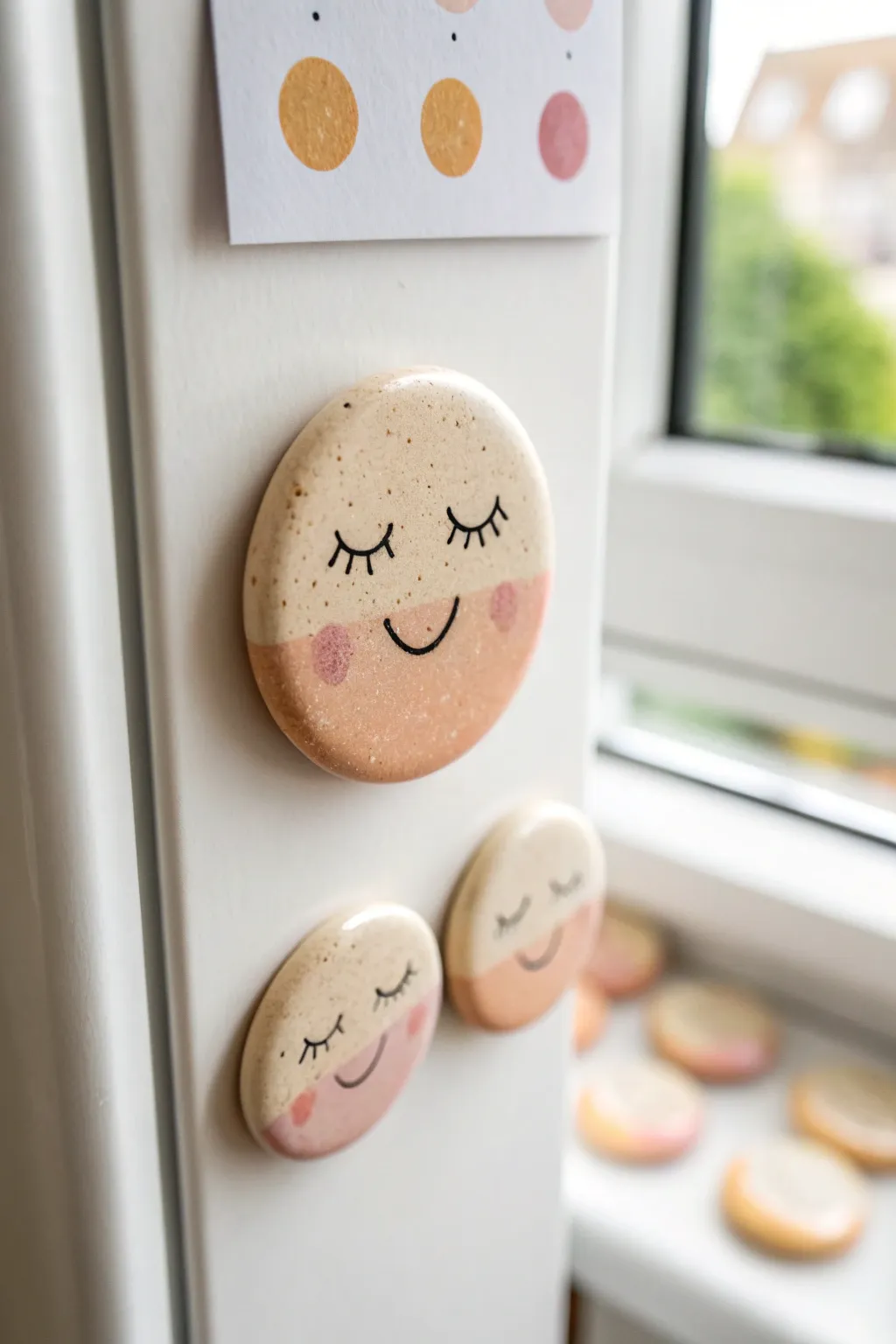 Simple smiling clay magnet buddy in soft pastels, minimalist boho styling, cute and easy to recreate