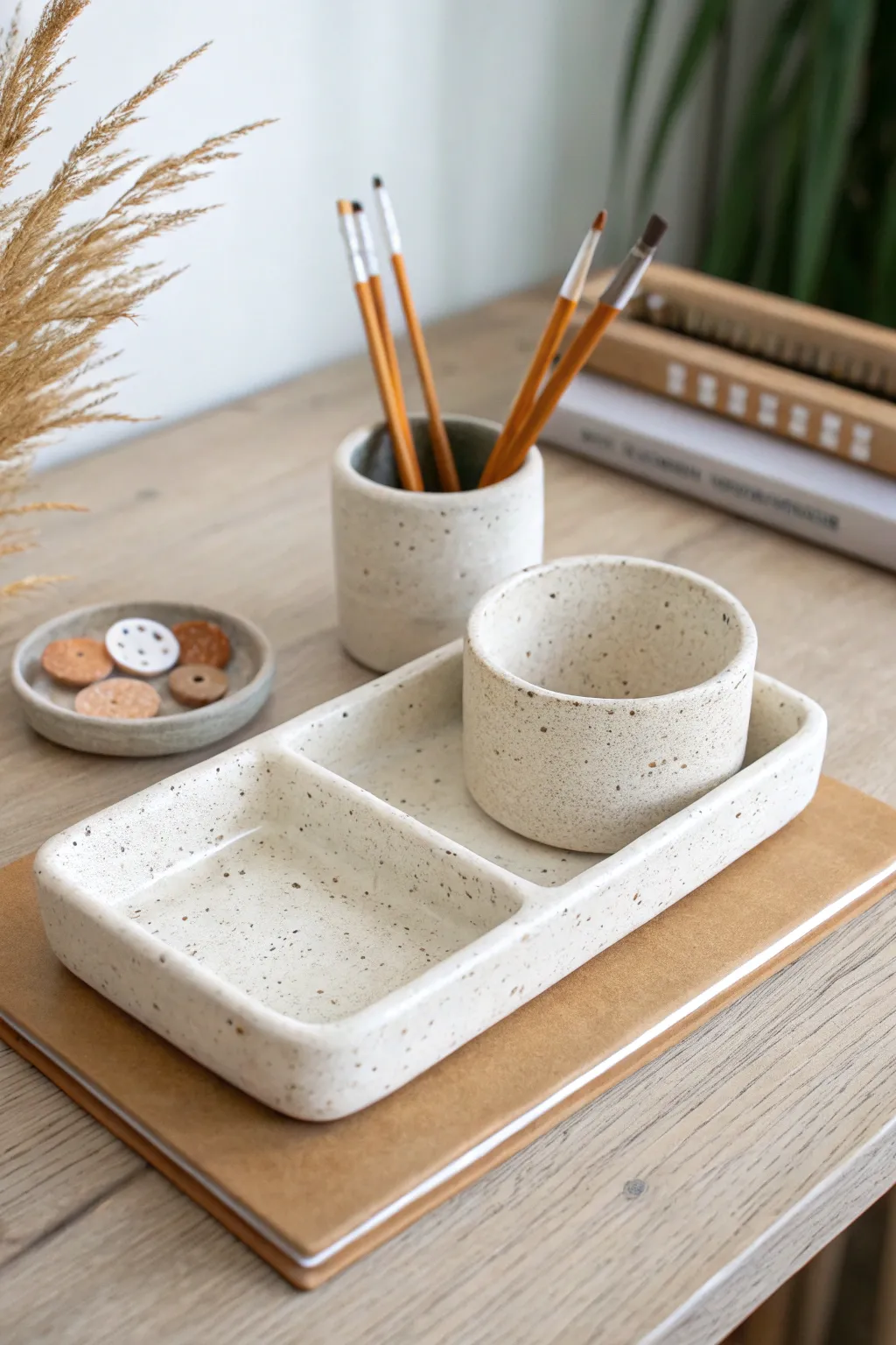 A calming clay desk organizer set with tray, dish, and pencil cup in warm minimalist neutrals.