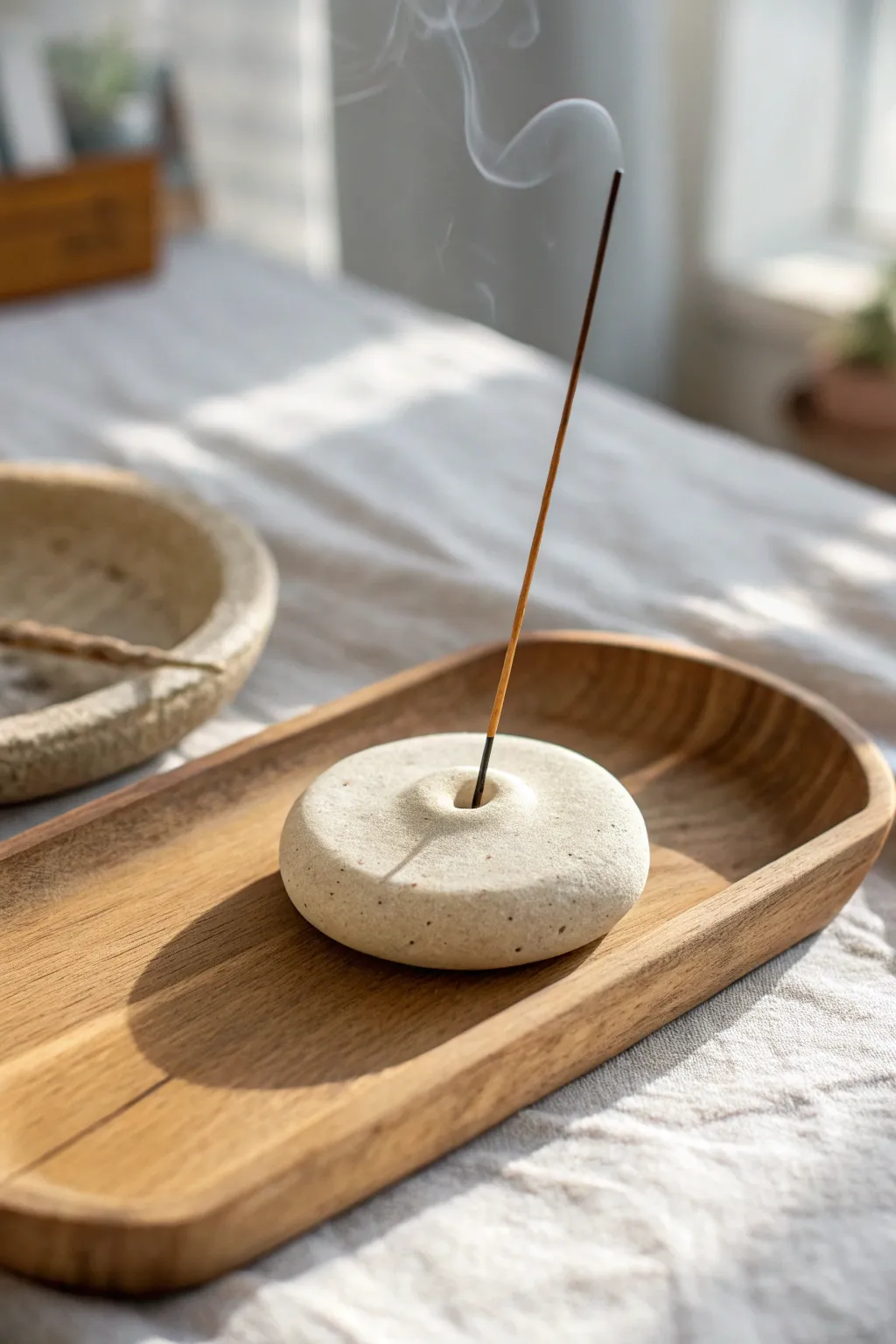 Pebble-shaped clay incense holder for a calm spa corner, simple handmade beauty with soft contrast