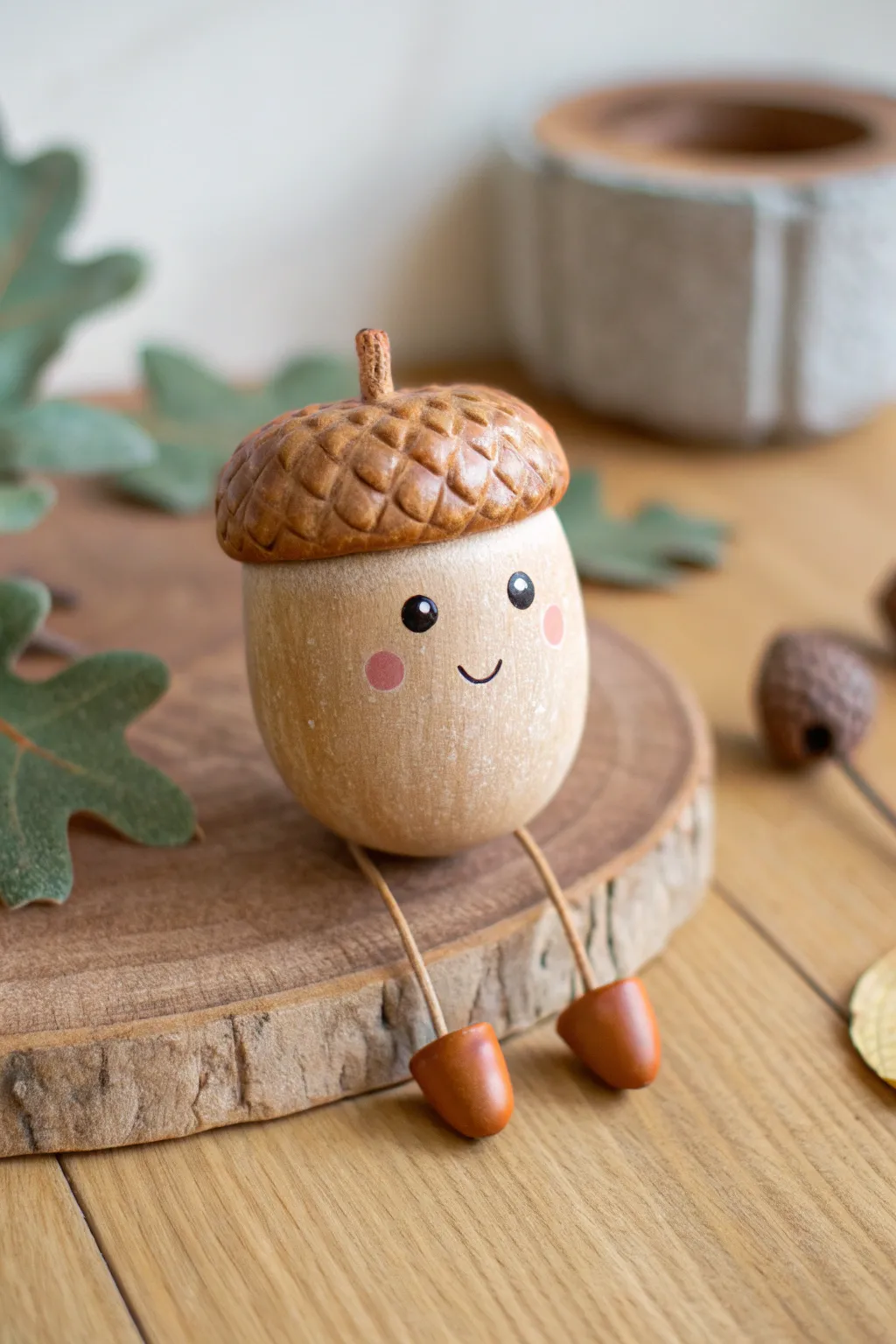 Sweet acorn pocket pal with dangly legs, cozy autumn tones, handmade clay charm in focus.