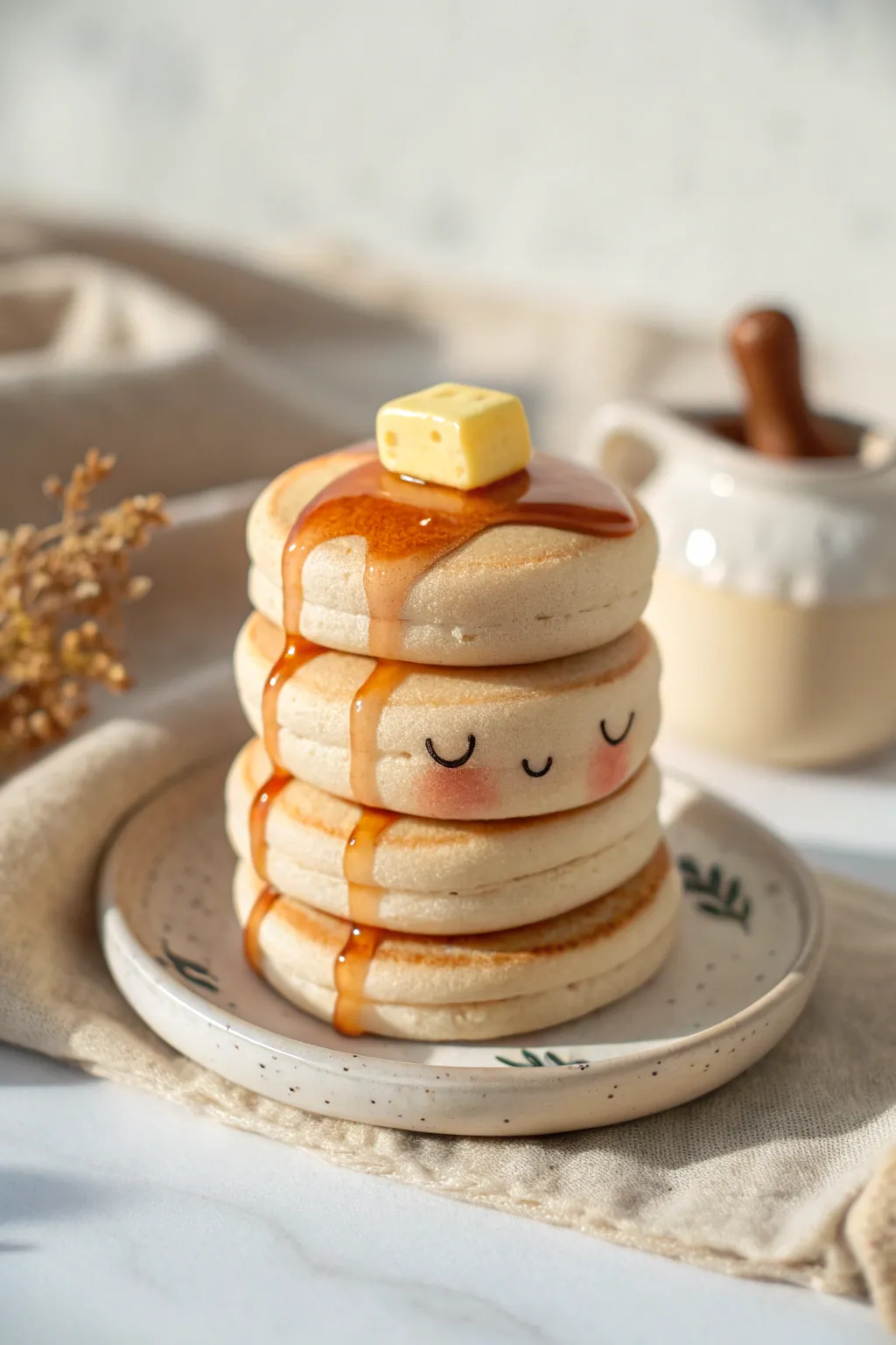 Sweet kawaii clay pancake stack with glossy syrup drip and tiny butter top, kid-friendly