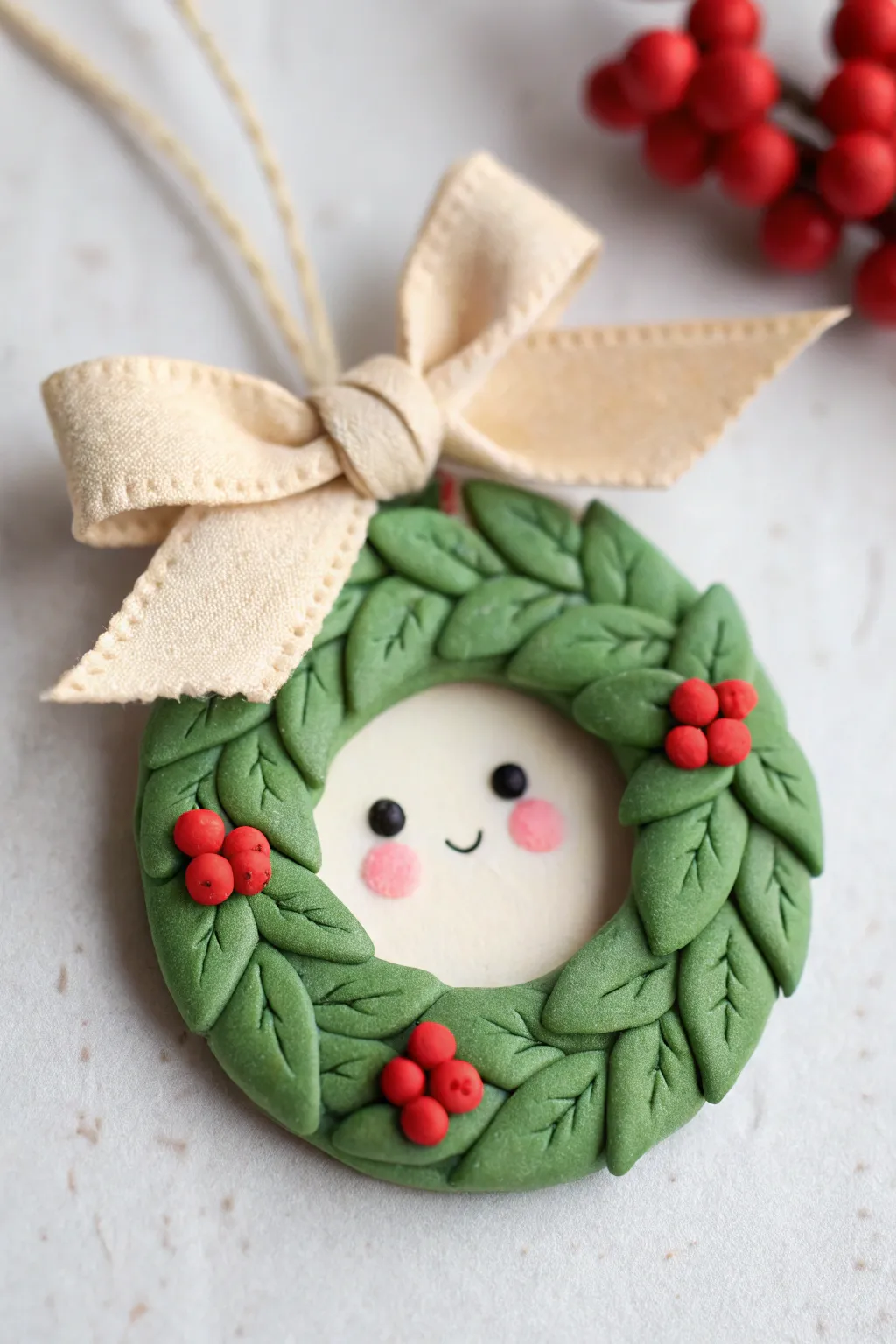 Kawaii clay wreath character with berry blush and a simple linen bow, minimalist and festive