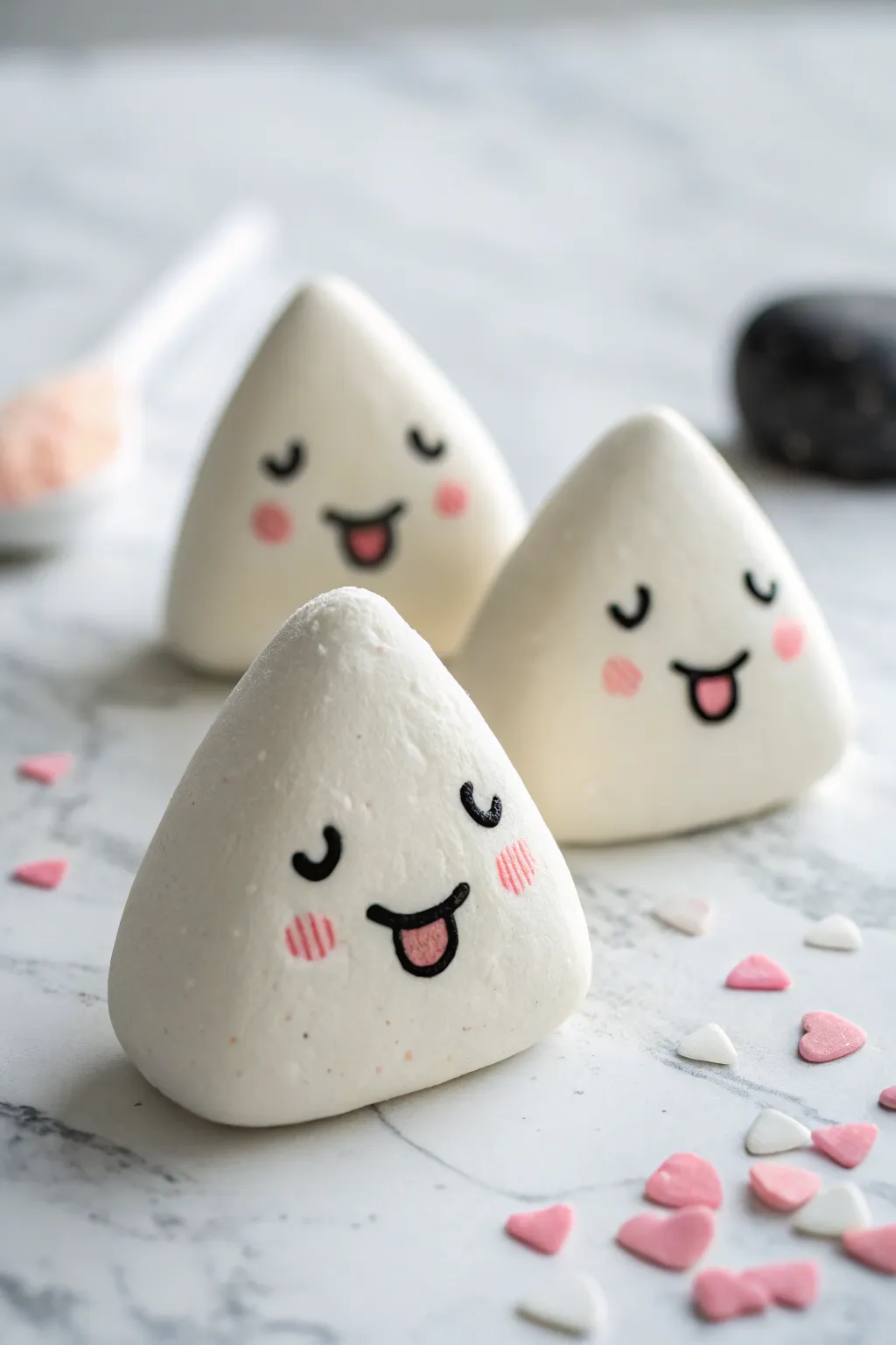 Three tiny onigiri clay cuties with happy, surprised, and sleepy faces on a crisp white backdrop