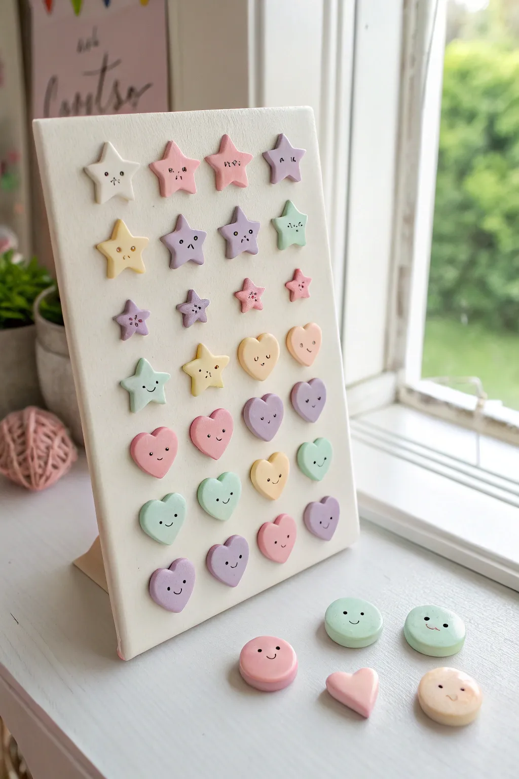 Mix-and-match kawaii faces on pastel mini clay icons, styled minimalist with boho warmth.