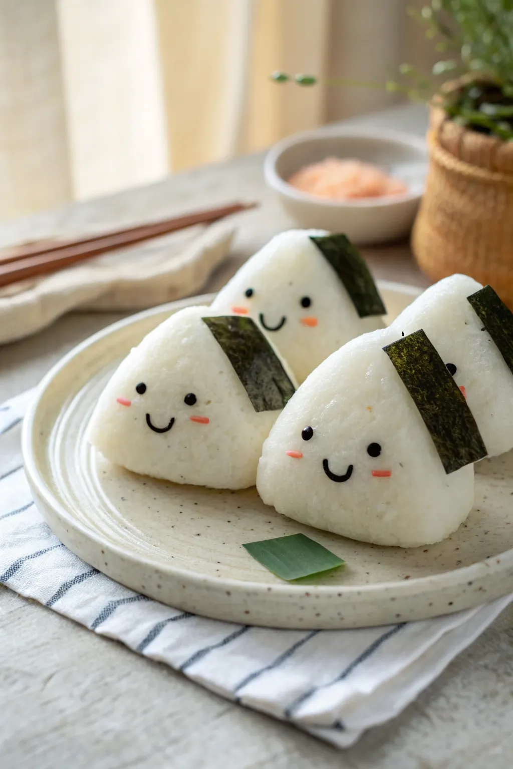 Adorable air-dry clay rice ball friends with tiny faces, styled minimal on a pale plate
