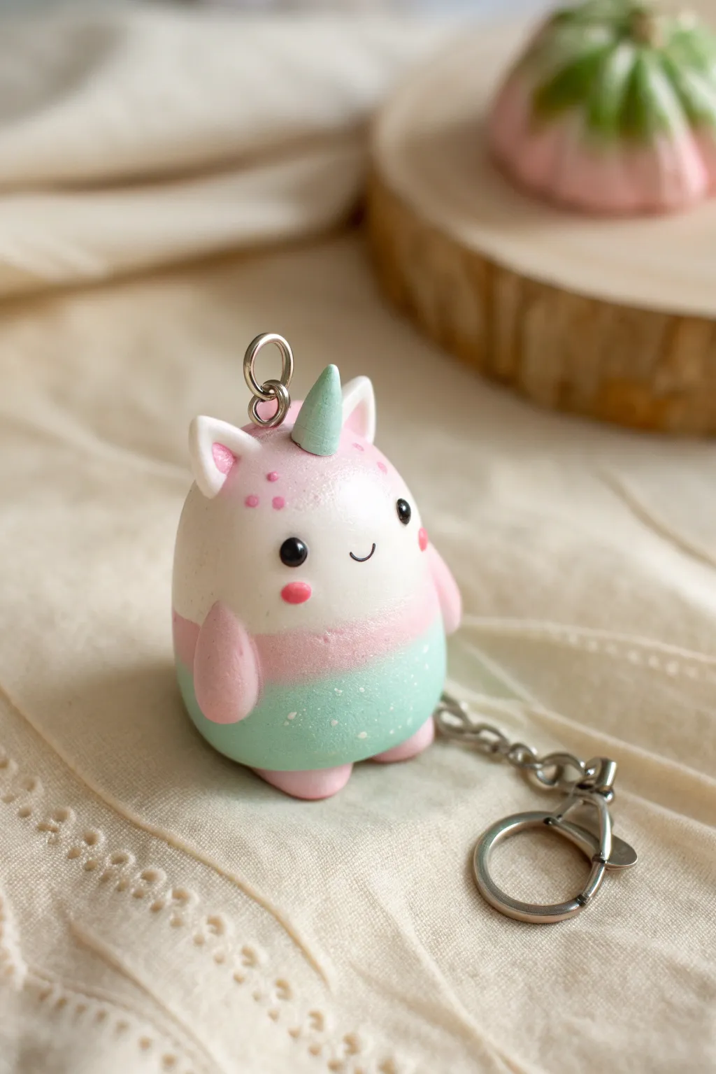Magical pastel creature keychain charm, minimalist Scandinavian vibe with a sweet boho touch.