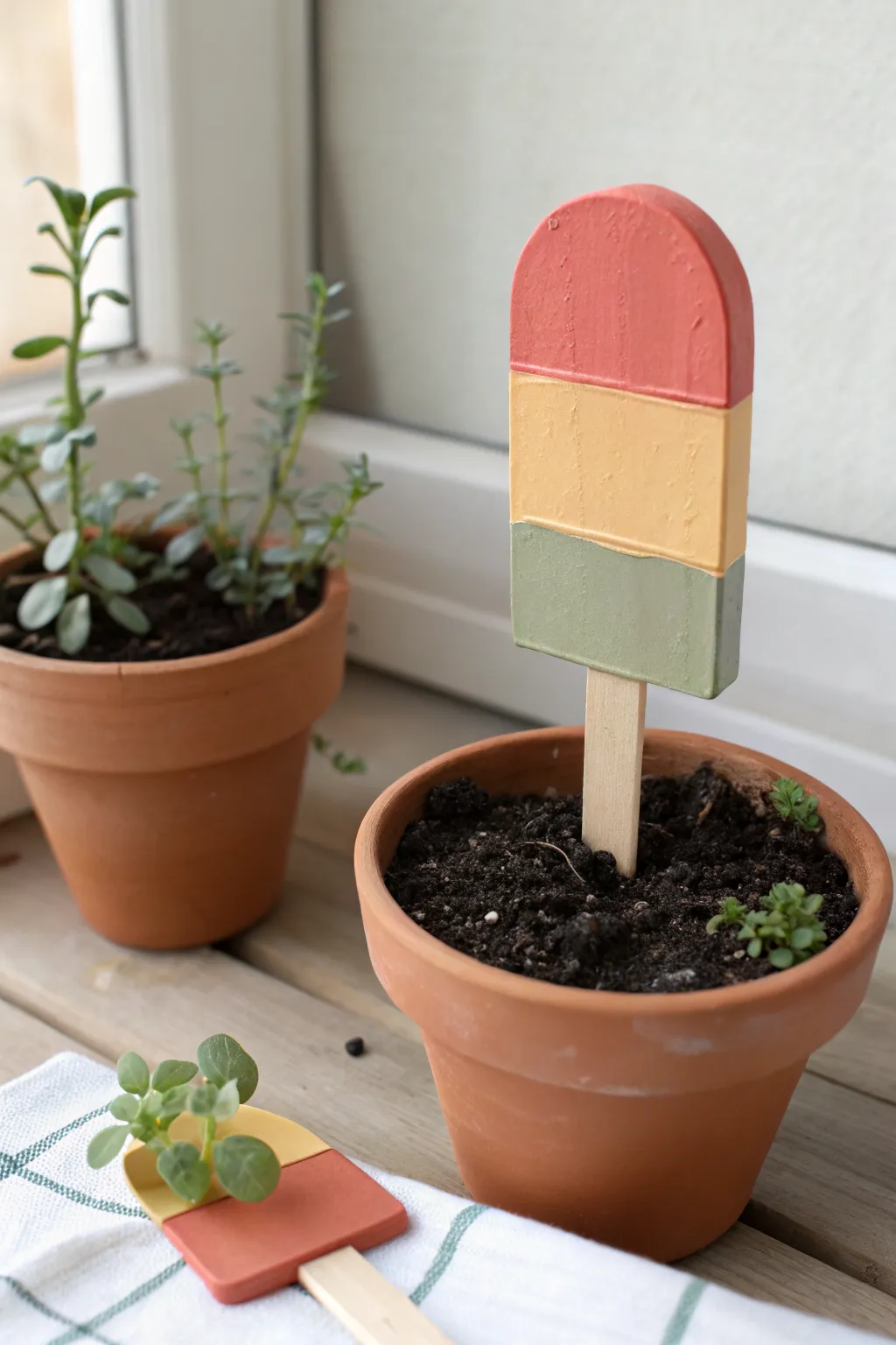 A colorful air-dry clay plant marker kids can paint, styled in a minimal Scandinavian boho pot.