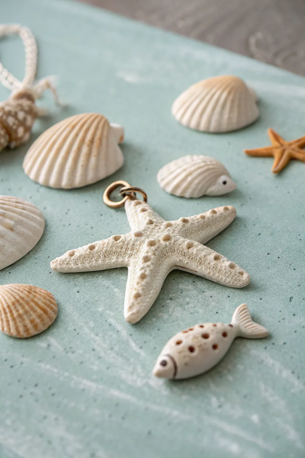 Simple air-dry clay starfish and shell charms styled like a tiny ocean set on soft blue.