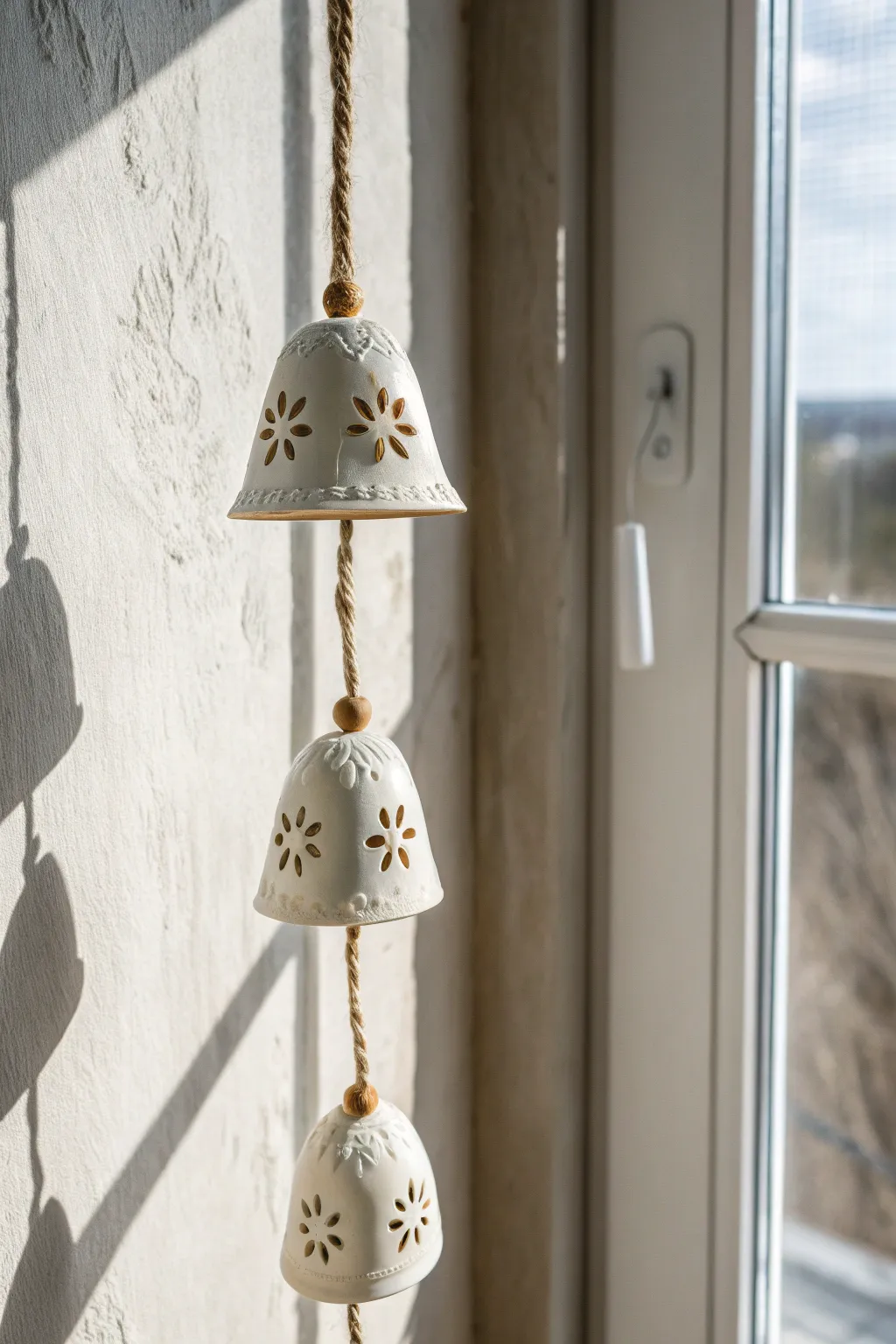 Handmade ceramic bell chimes with simple cutouts, glowing in soft window light