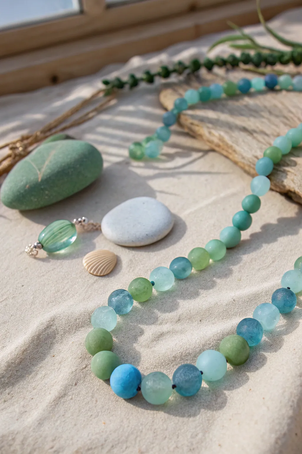 Beachy sea glass pebbles and beads from translucent liquid polymer clay in blues and greens