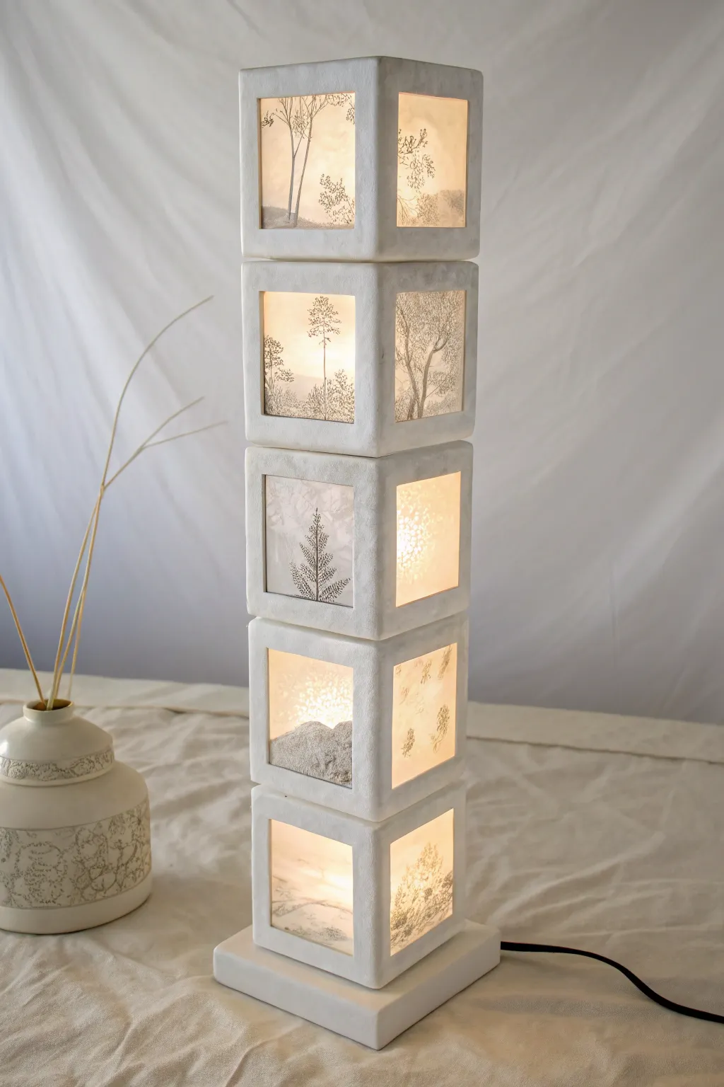 Stacked cube lithophane tower glowing softly, a minimalist sculptural lamp with handcrafted charm