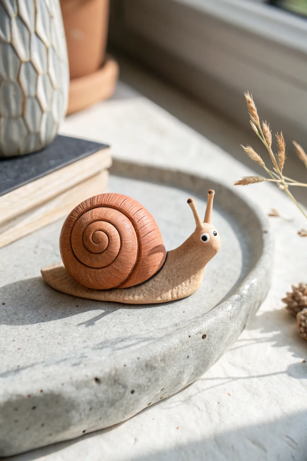 Tiny clay snail with a dreamy swirled shell, perfect minimalist-boho charm for your pottery shelf.