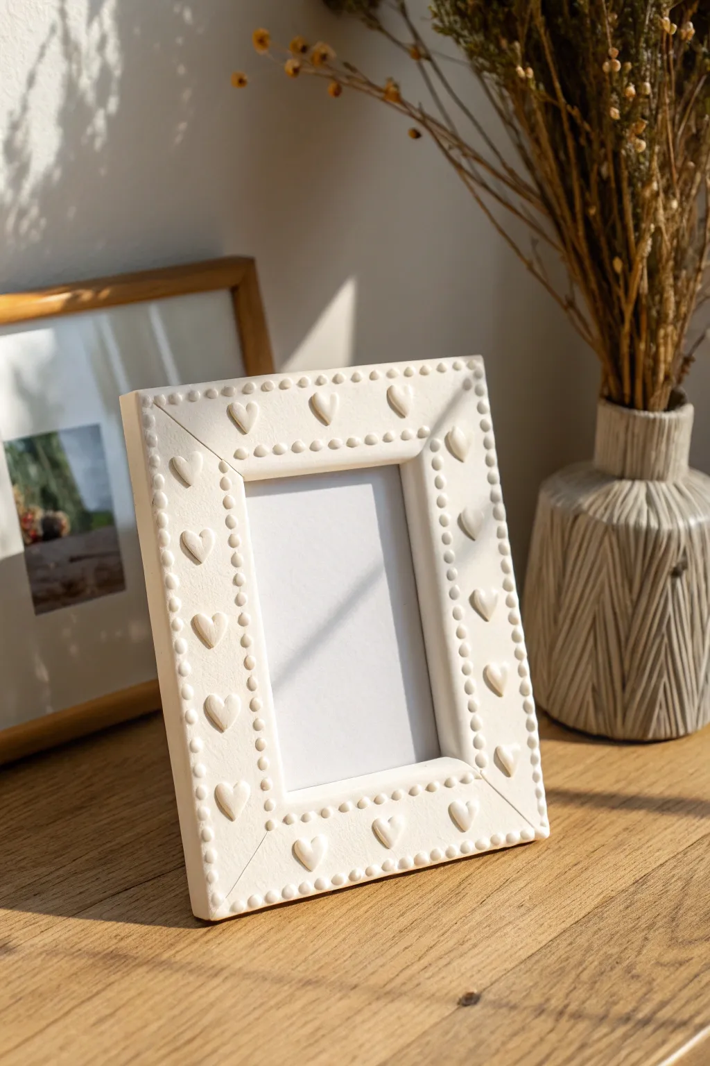Minimal clay photo frame with sweet heart details, perfect for a soft Scandinavian vibe