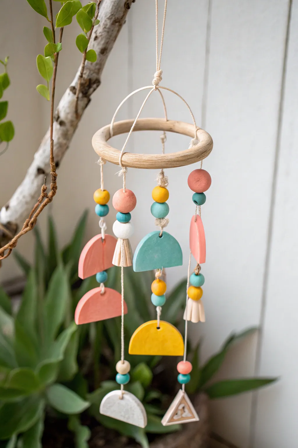 Bright mini clay wind chime pieces with simple shapes and beads, styled in a calm neutral setting