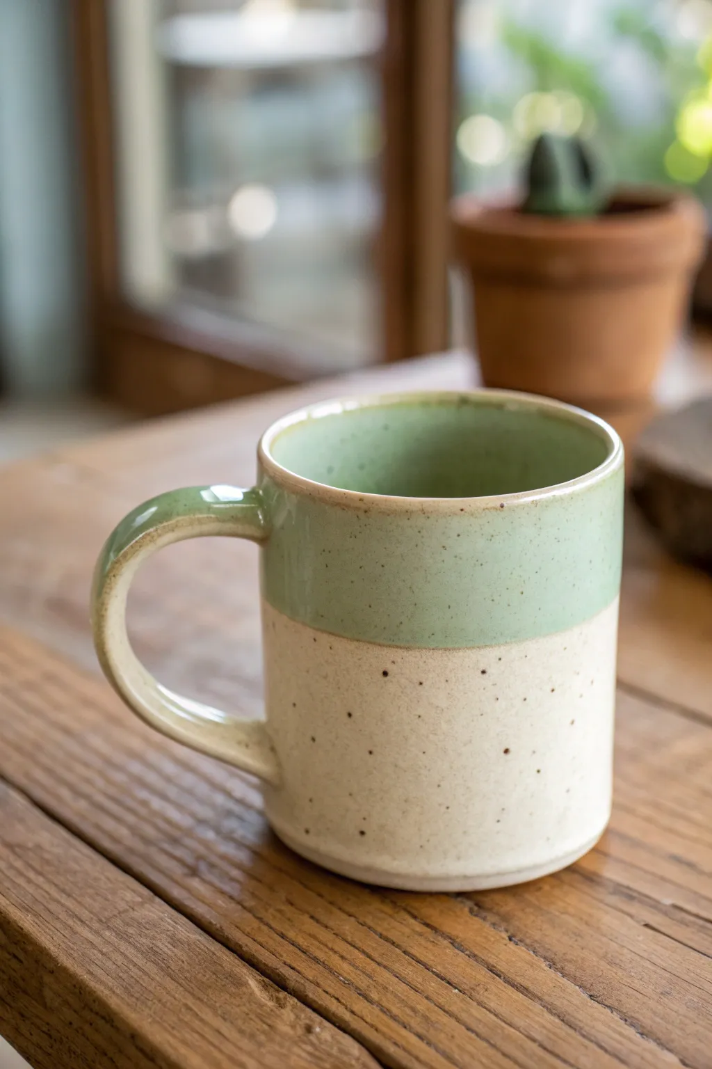 Simple two-color glazed mug with a crisp rim line and natural unglazed foot ring.