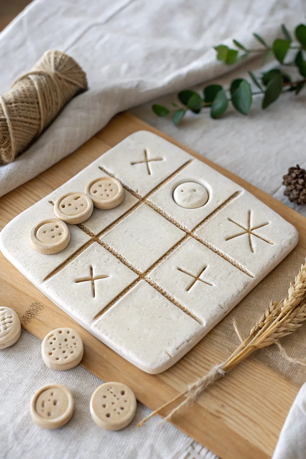 Handmade slab clay tic-tac-toe set with cute chunky pieces, perfect for middle school fun.