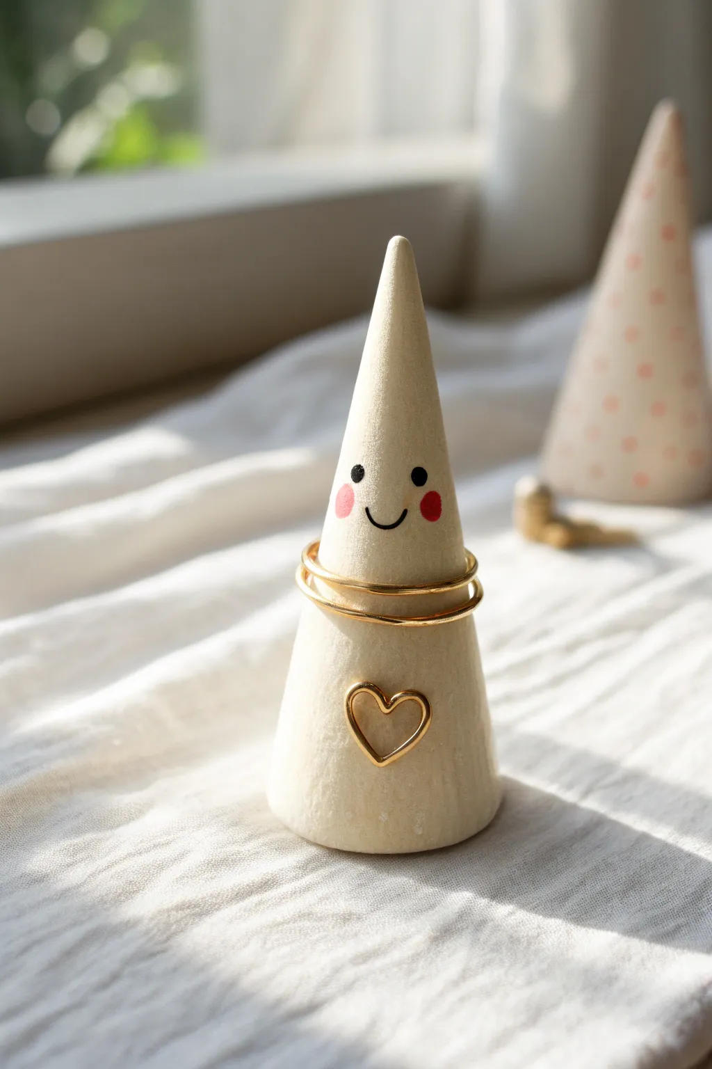 Tiny ring cone with a sweet kawaii face, minimalist styling and cozy boho charm in soft daylight.