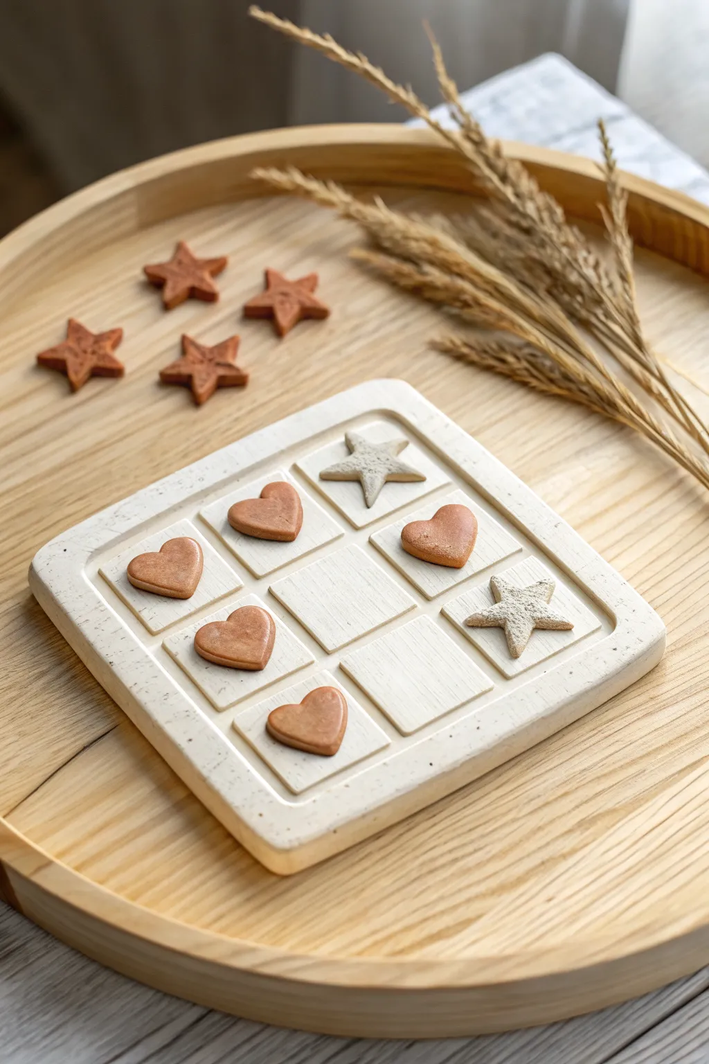 Pocket-size clay tic-tac-toe set with tiny hearts and stars, perfect for a cozy mini date.