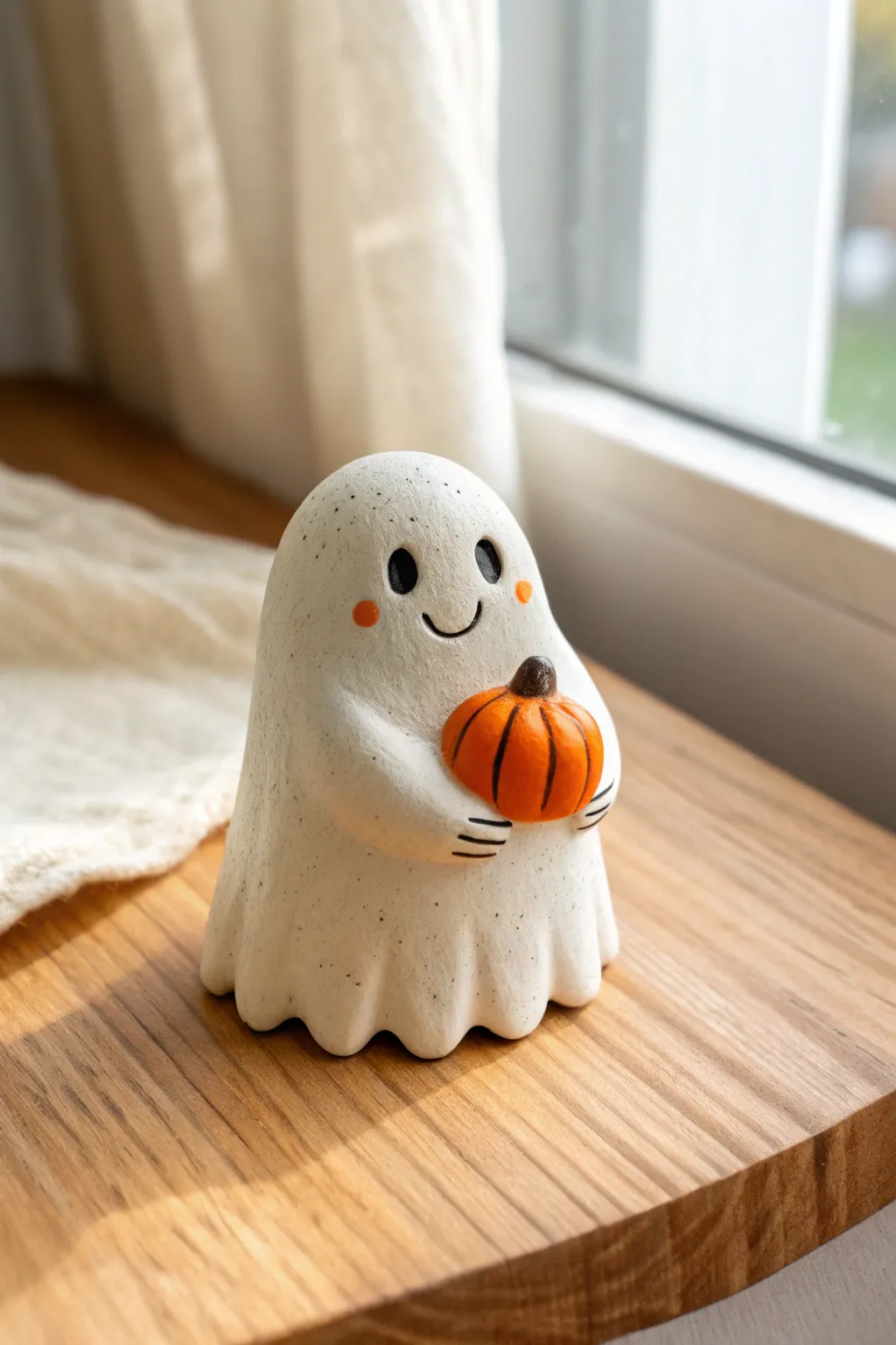 Playful mini clay ghost holding a tiny pumpkin in a clean, cozy Scandinavian style