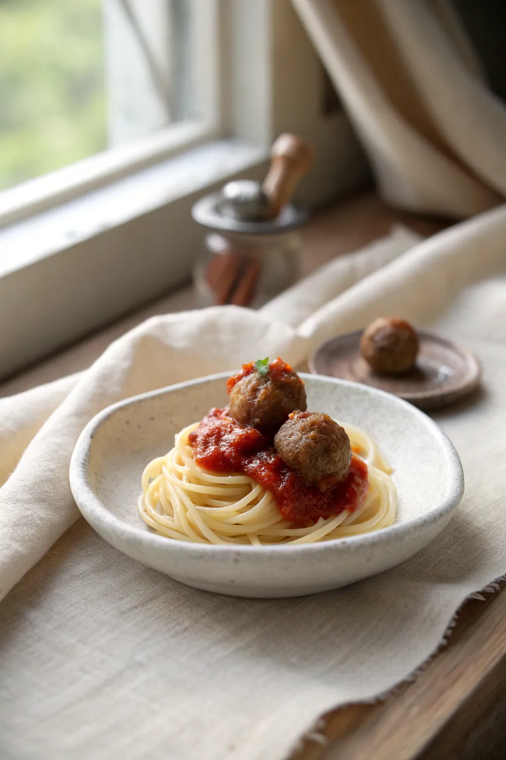 Mini clay spaghetti twirl with two meatballs and glossy sauce, styled in soft minimalist tones.