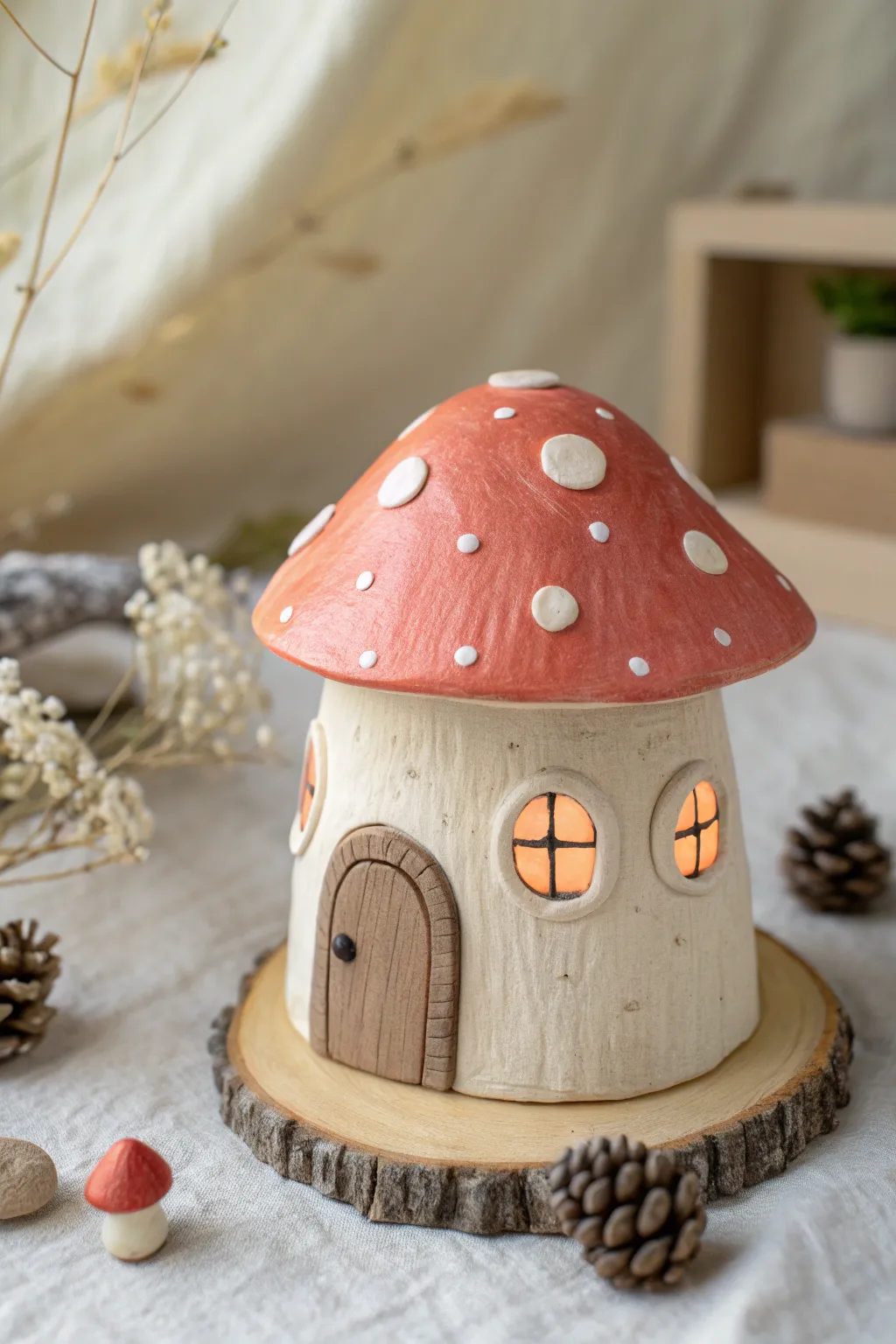 Sweet mushroom-roof mini clay house in calm neutrals and a bold dotted roof, fairy-core minimalism