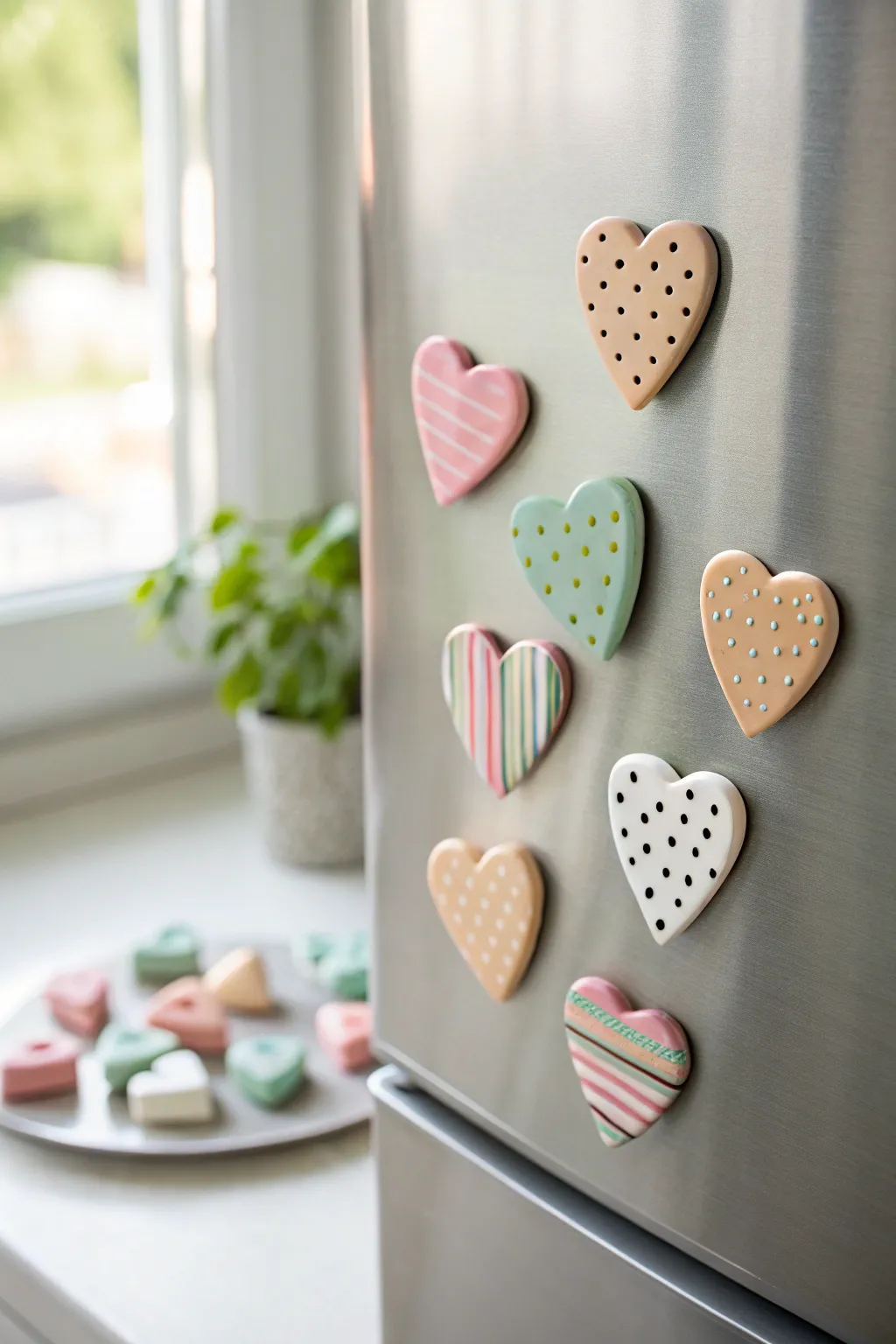 Mini clay heart magnets in sweet patterns and calm tones, a simple kid-friendly craft idea
