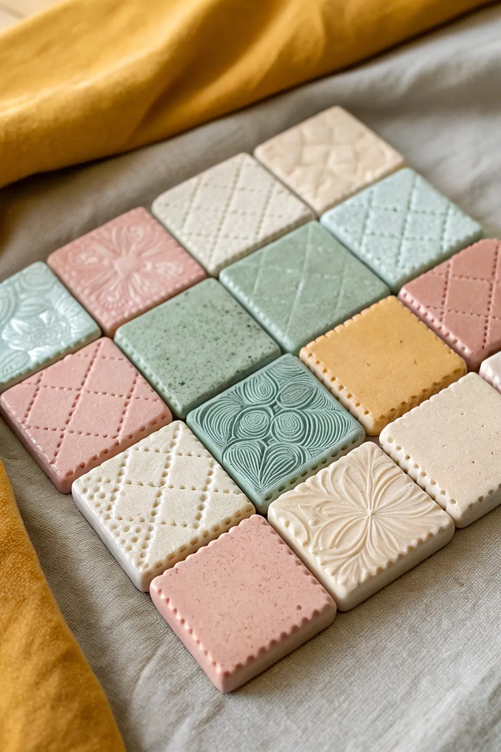 Mini clay texture tiles in soft pastels, a simple Scandinavian grid for endless pottery inspiration.