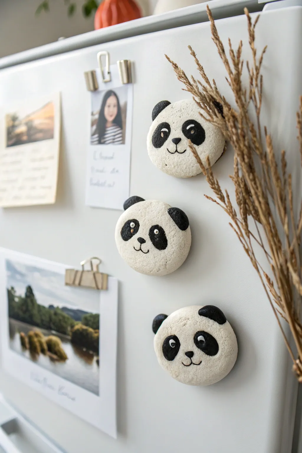Minimal panda clay magnets brightening a calm fridge corner, cute, clean, handmade.