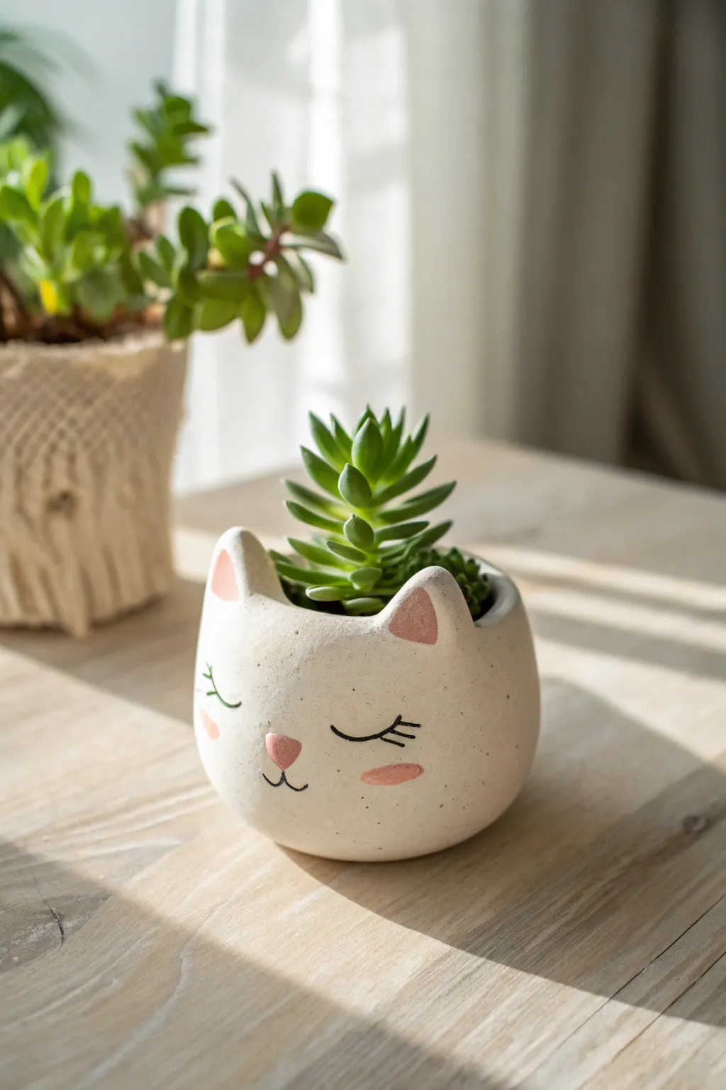 Tiny clay cat head planter with a sculpted succulent tuft, minimalist, cozy, and beginner-friendly