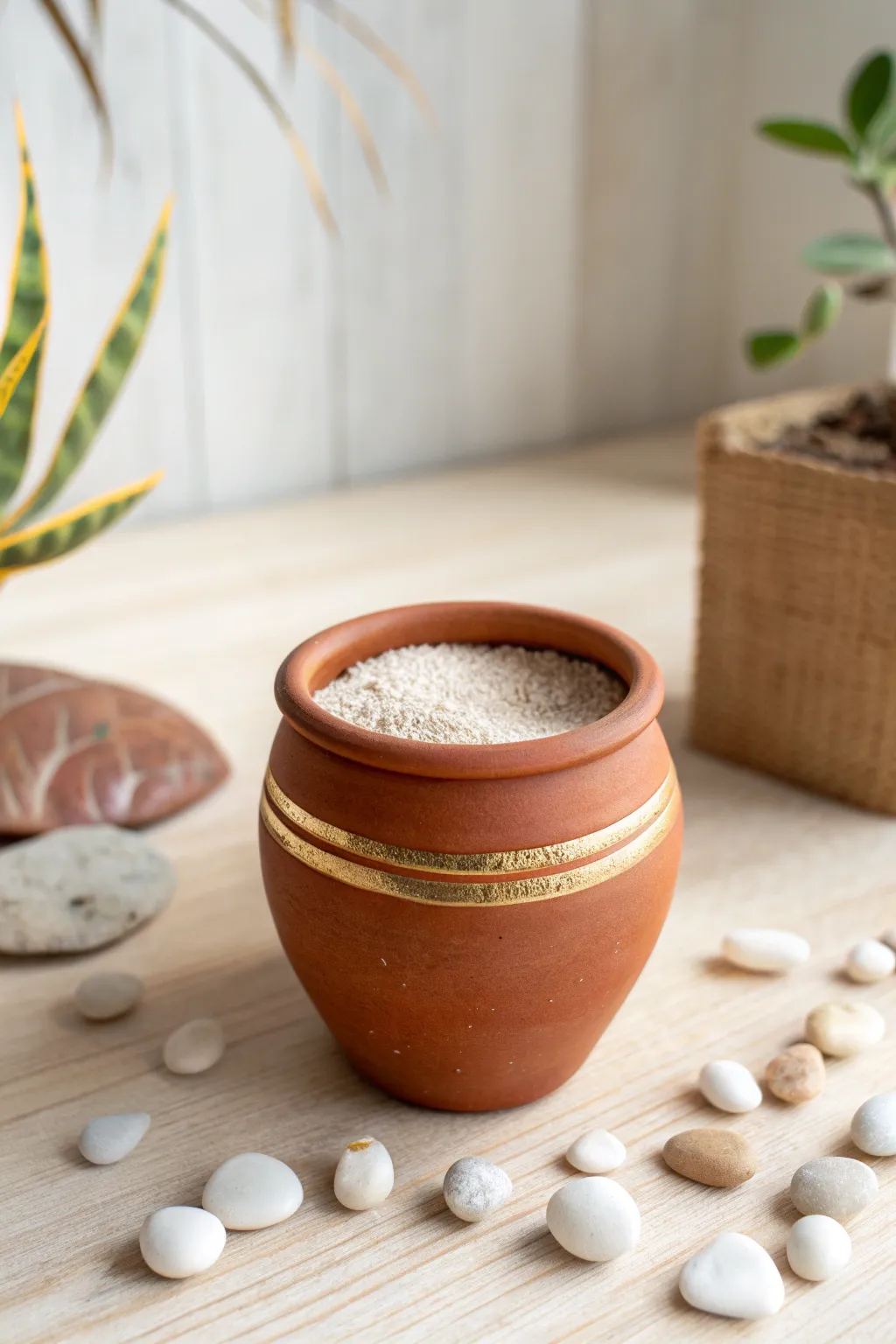Mini clay pot with gilded rim and subtle metallic lines, styled on pale sand for chic decor.