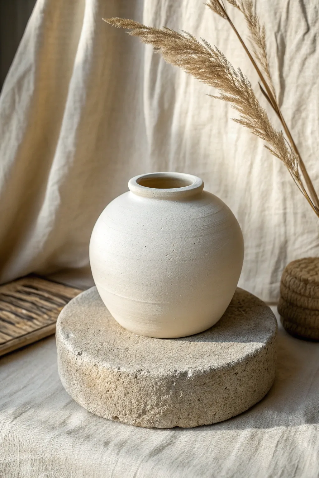 Soft matte ceramic vase nestled in a raw concrete pedestal base for a minimalist mixed media look