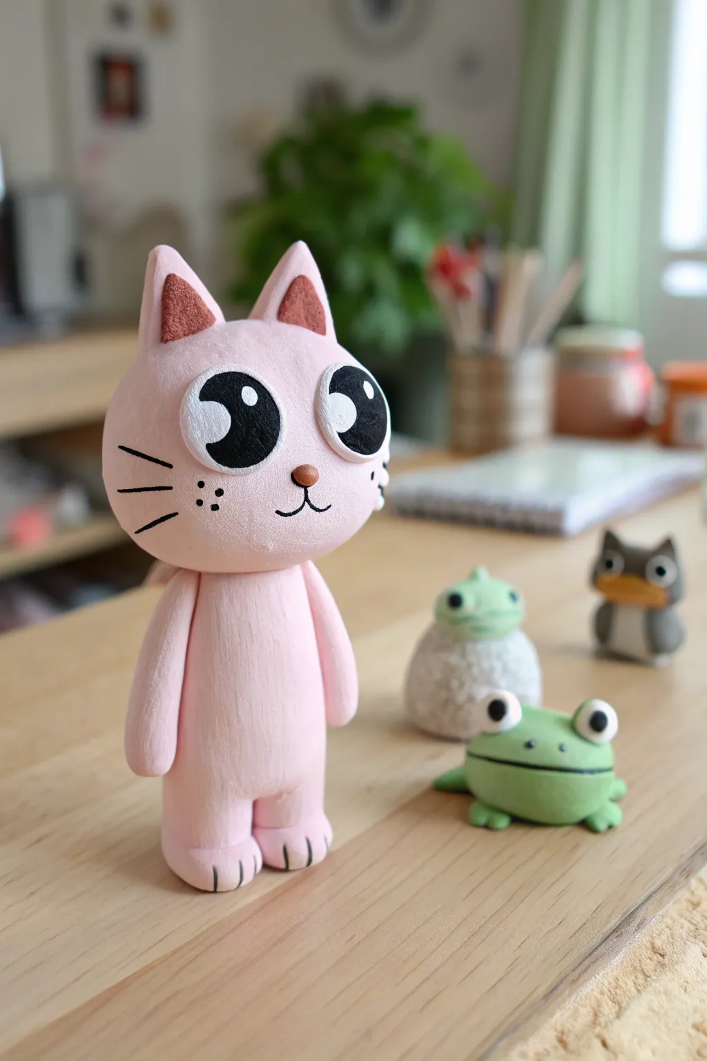 Bold cartoon finger puppets in soft clay, minimalist boho lineup on pale wood table