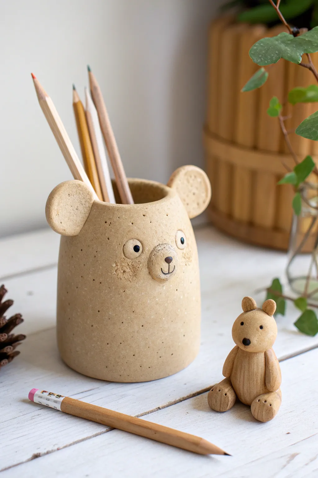 Minimal bear clay pencil cup with tiny buddy, a sweet Scandinavian desk accent for clay art ideas.