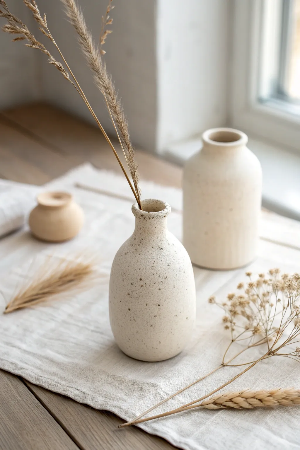 Handmade mini bud vase with a single dried stem in calm Scandinavian minimal boho styling.