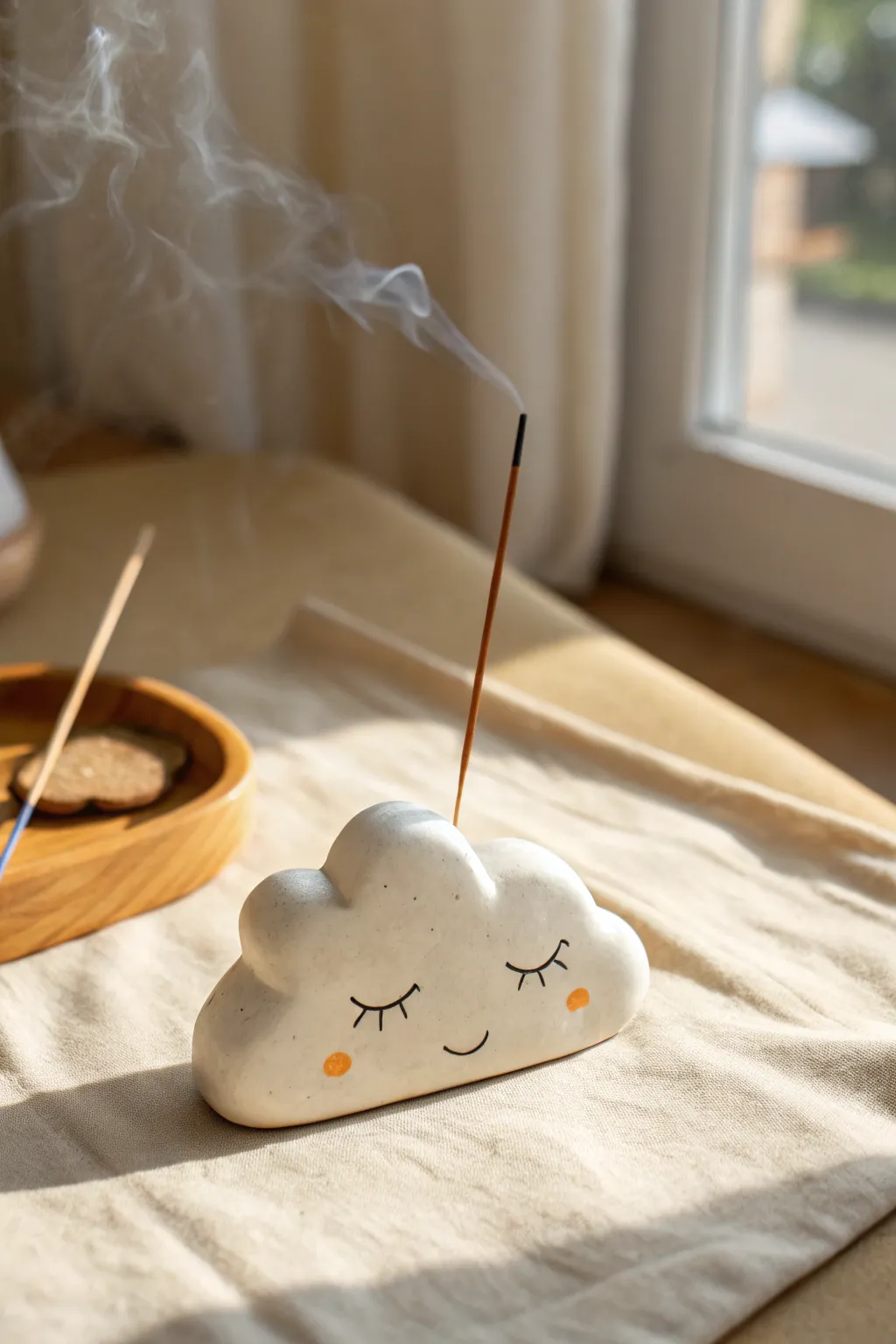 Cozy cloud-shaped clay incense holder with a single stick, minimalist calm and boho warmth.