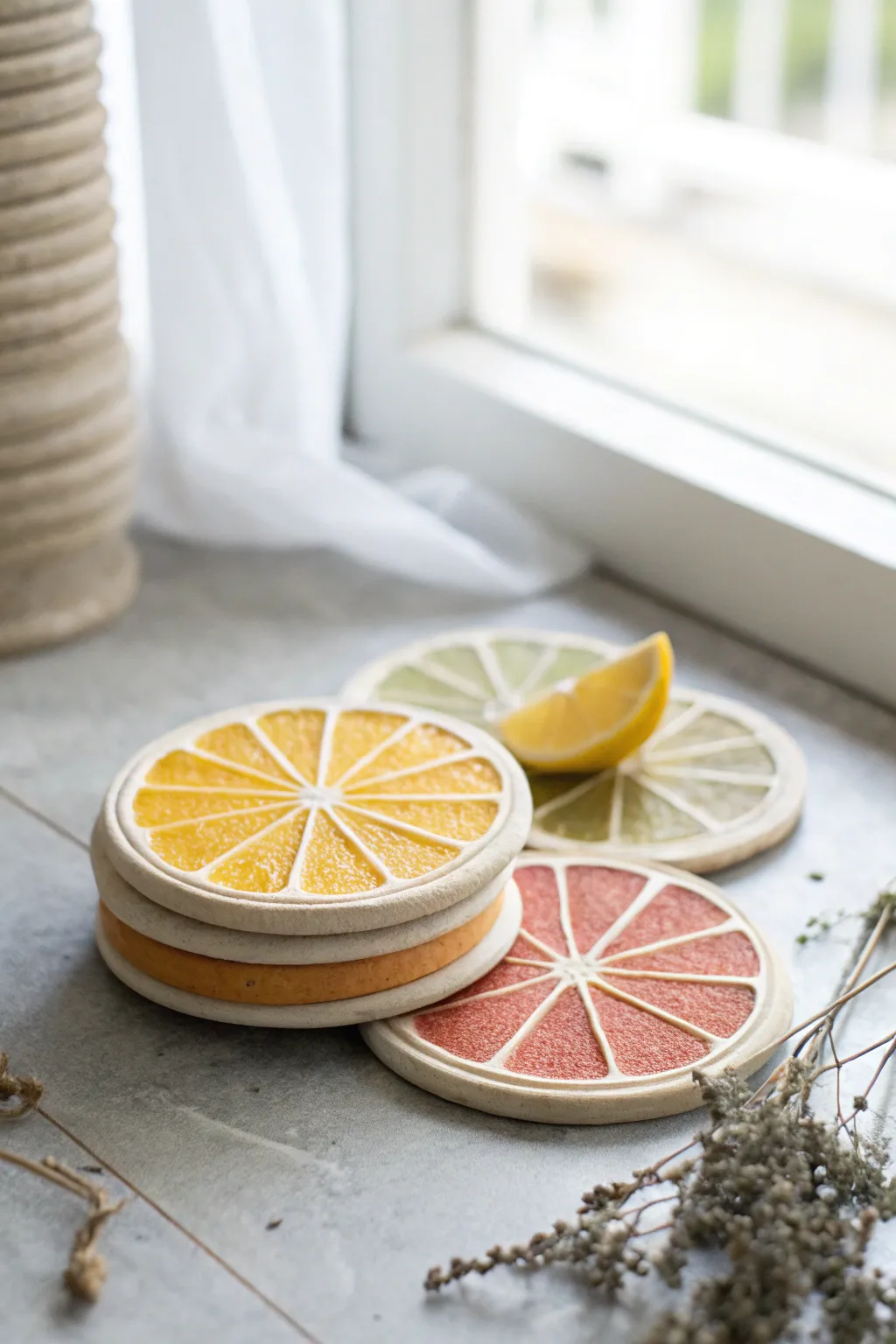 Easy DIY citrus slice clay coasters, clean minimalist stack with bright fresh summer colors.