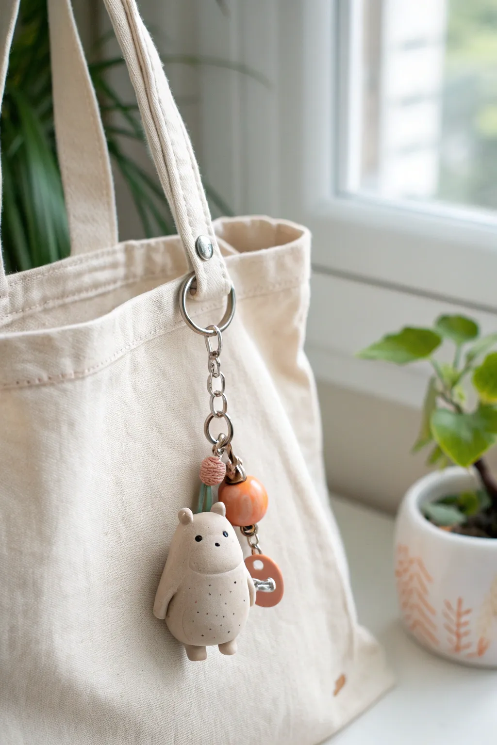 Chubby clay animal bag charm with tiny mini friend, styled on a linen tote in soft Nordic light.