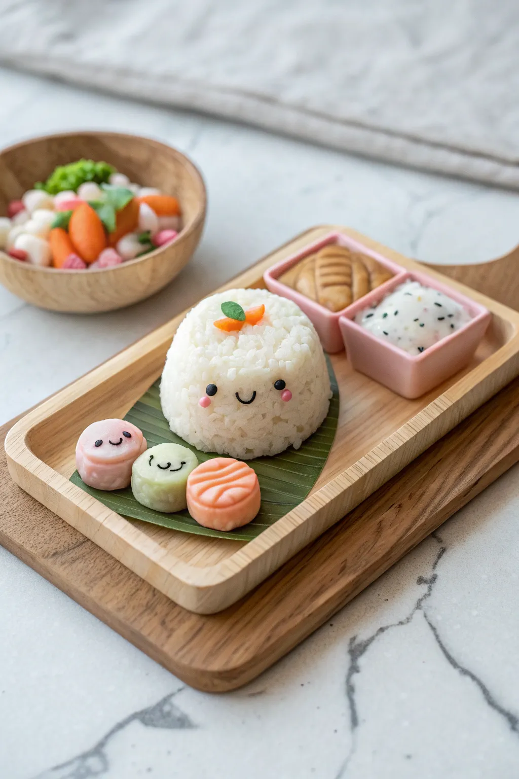 Mini clay bento play-food set with sweet faces, minimalist tray styling for cozy craft vibes