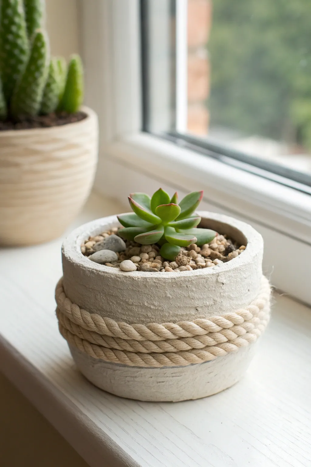 Tiny pinch-and-coil succulent planter with a simple banded coil detail, sunlit and serene.