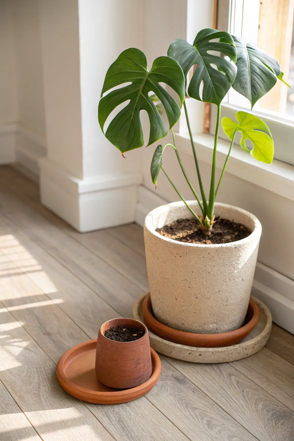 A clean, drainage-friendly clay planter with a neat catch tray for happy Monstera roots.