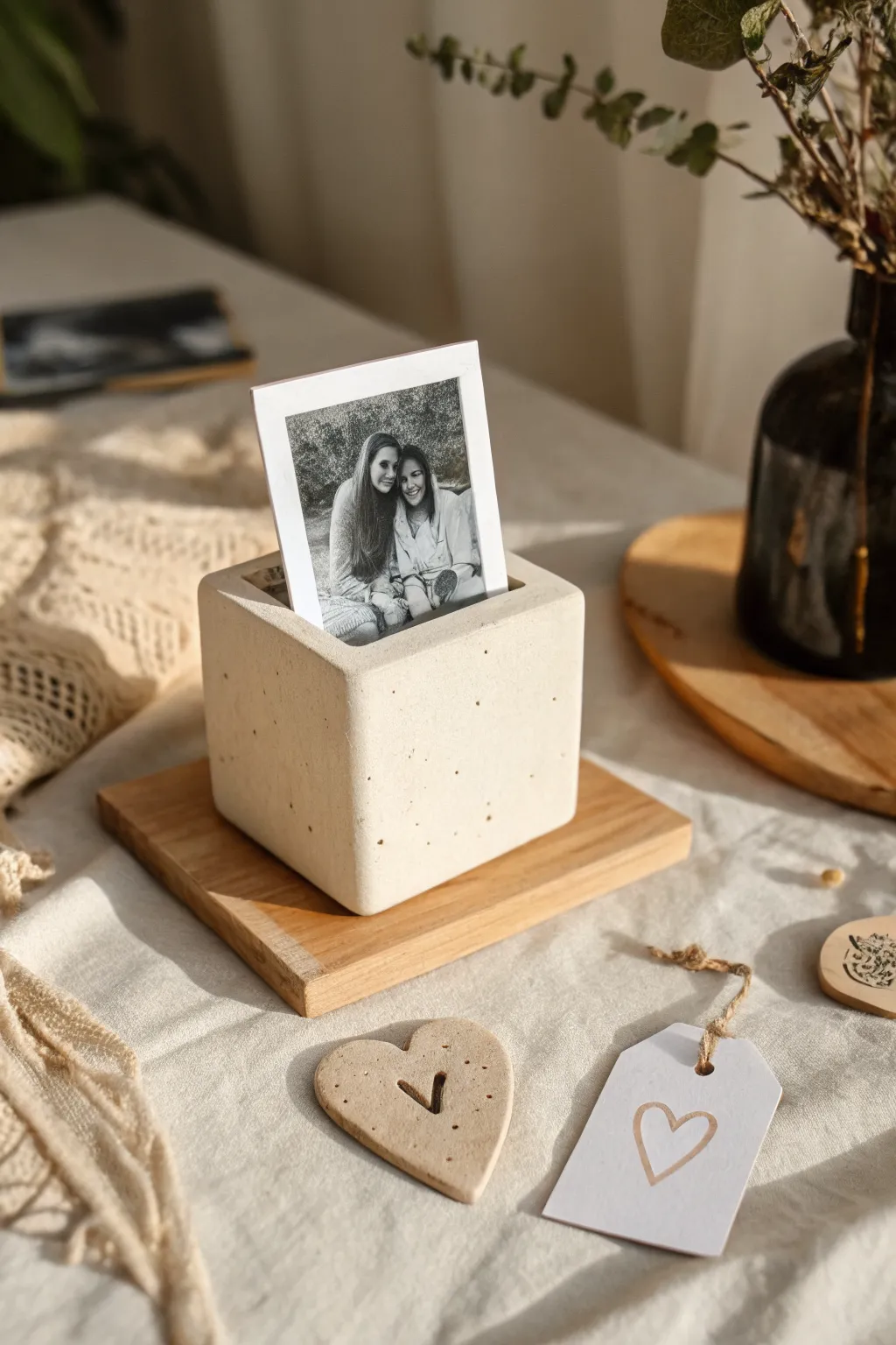 Minimal clay photo stand with a sweet heart tag, a simple Mothers Day gift made by hand