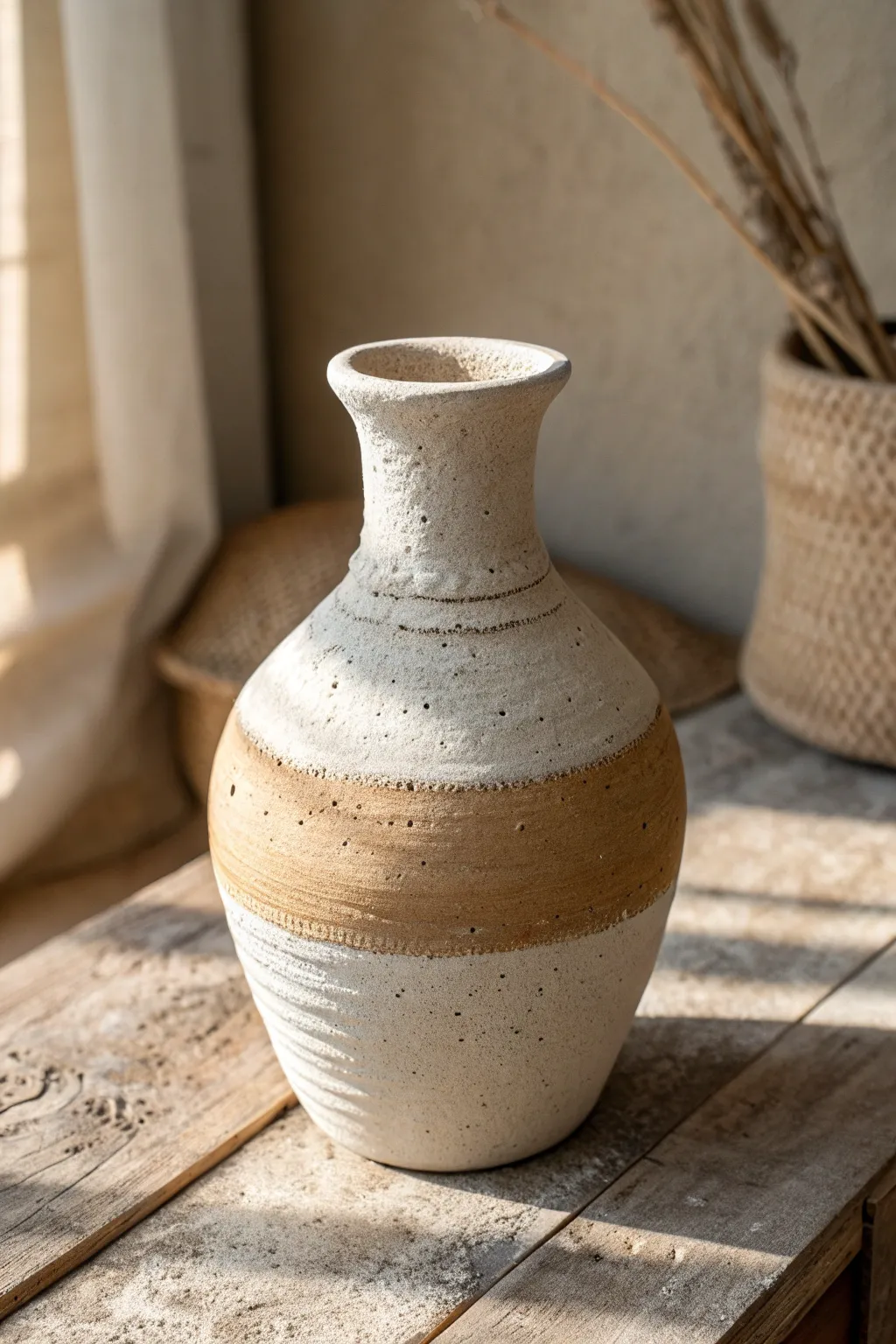 Textured mud-dipped edge vase in warm earth tones, minimalist and boho with crisp contrast