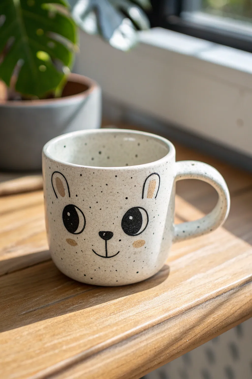 Simple animal-face mug art where the handle becomes an ear, cute, clean, and beginner-friendly.