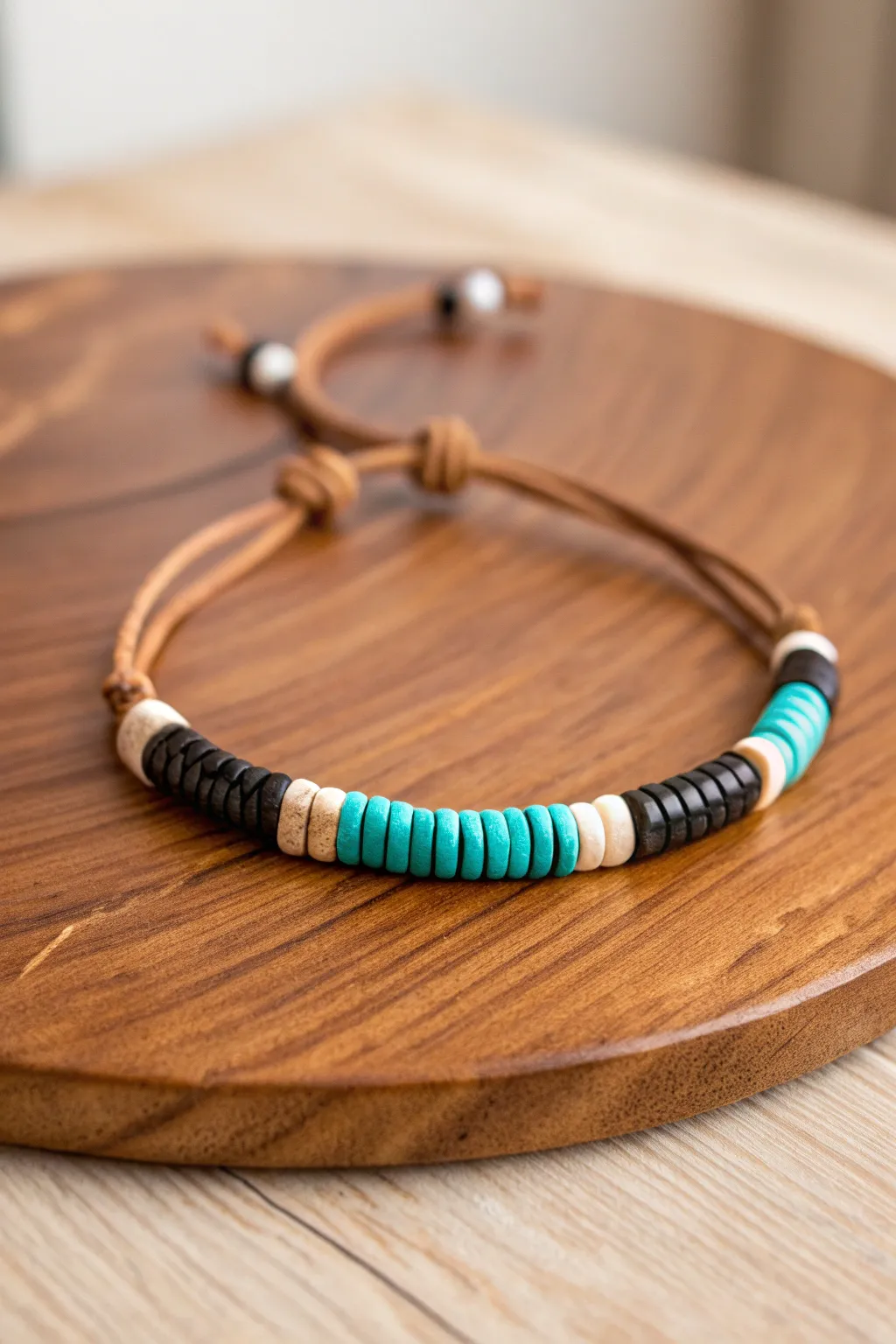 Minimal leather-tie bracelet with turquoise, black, and white heishi bead center on warm wood.