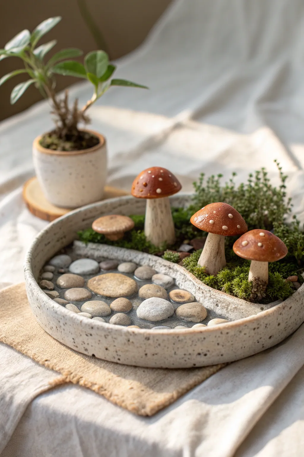 Whimsical mini fairy garden accessories in natural clay, simple shapes, serene Scandinavian style.